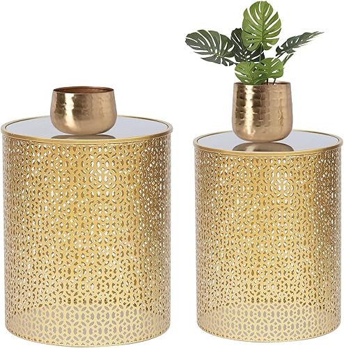 Joveco Juego de 2 mesas de acento de metal mesa auxiliar anidada moderna mesa auxiliar mesas de centro decorativas taburetes de noche para sala de