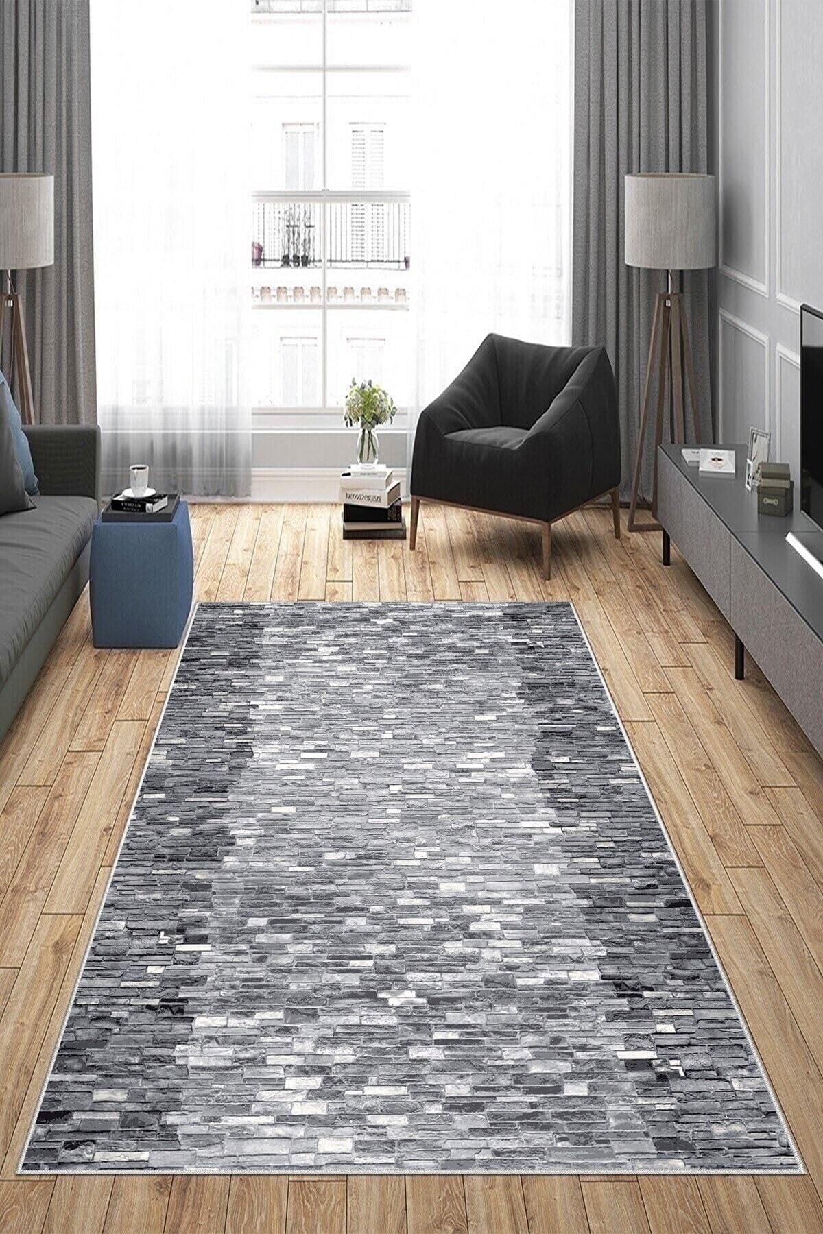 Pelangi Gri Taş Desenli Yıkanabilir Kaymaz Taban Leke Tutmaz Modern Salon Halısı Ve Yolluk, Gri-Beyaz 160 x 240, 135817616024005