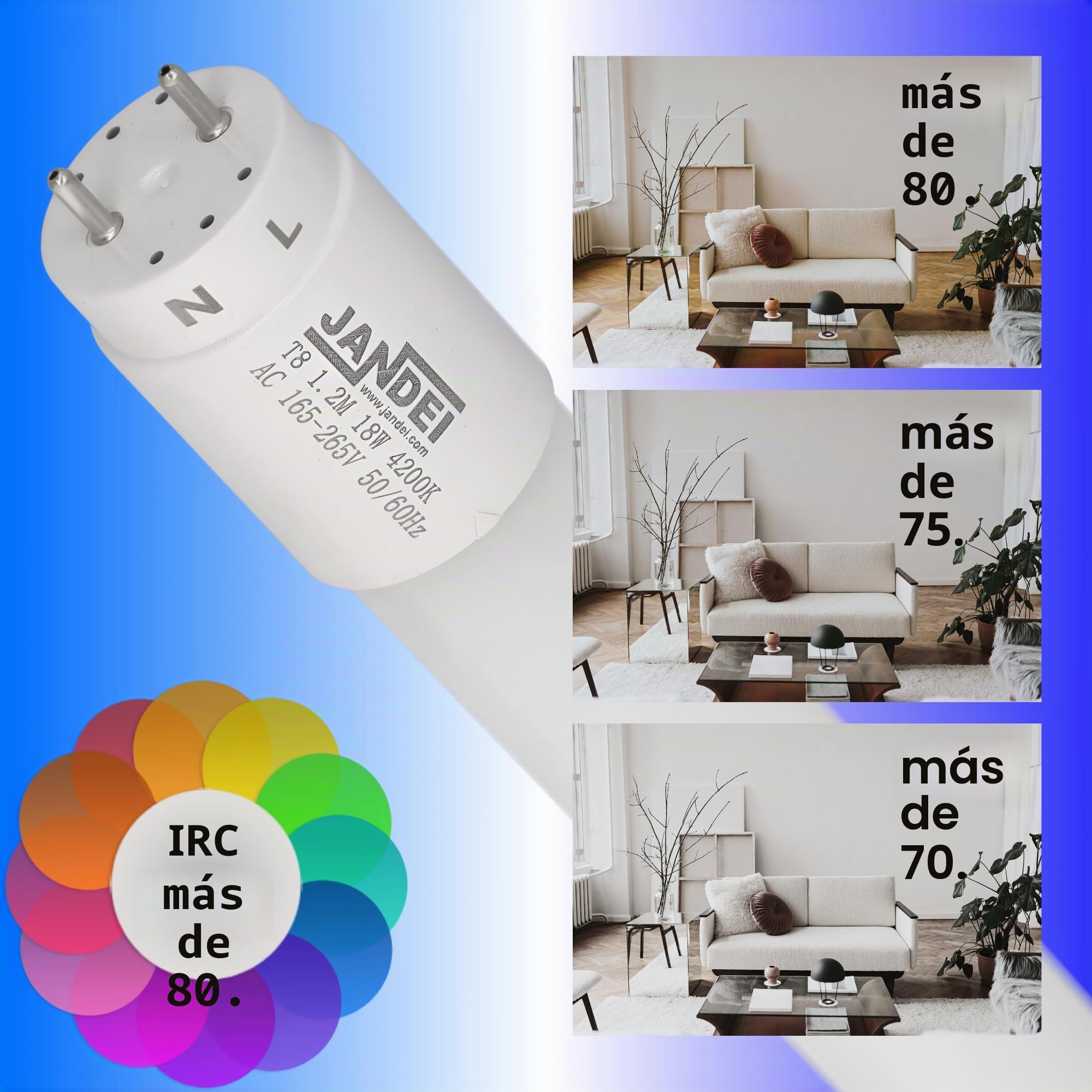 Jandei - Pack 10 Tubo LED 120cm 18W, Blanco Frío 6000K, 2520 Lúmenes, Standard T8 Conector G13, Reemplaza Neón Fluorescente 36W, Cebador LED Incluido, Conexión 1 Lado