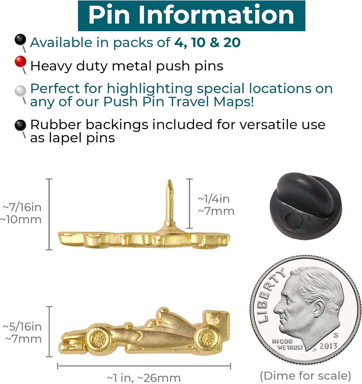 Racecar Push Pins - Gold Racecar Pins - for Cork Board, Maps, or Lapel Pin Use - Designed in USA - Set of 20