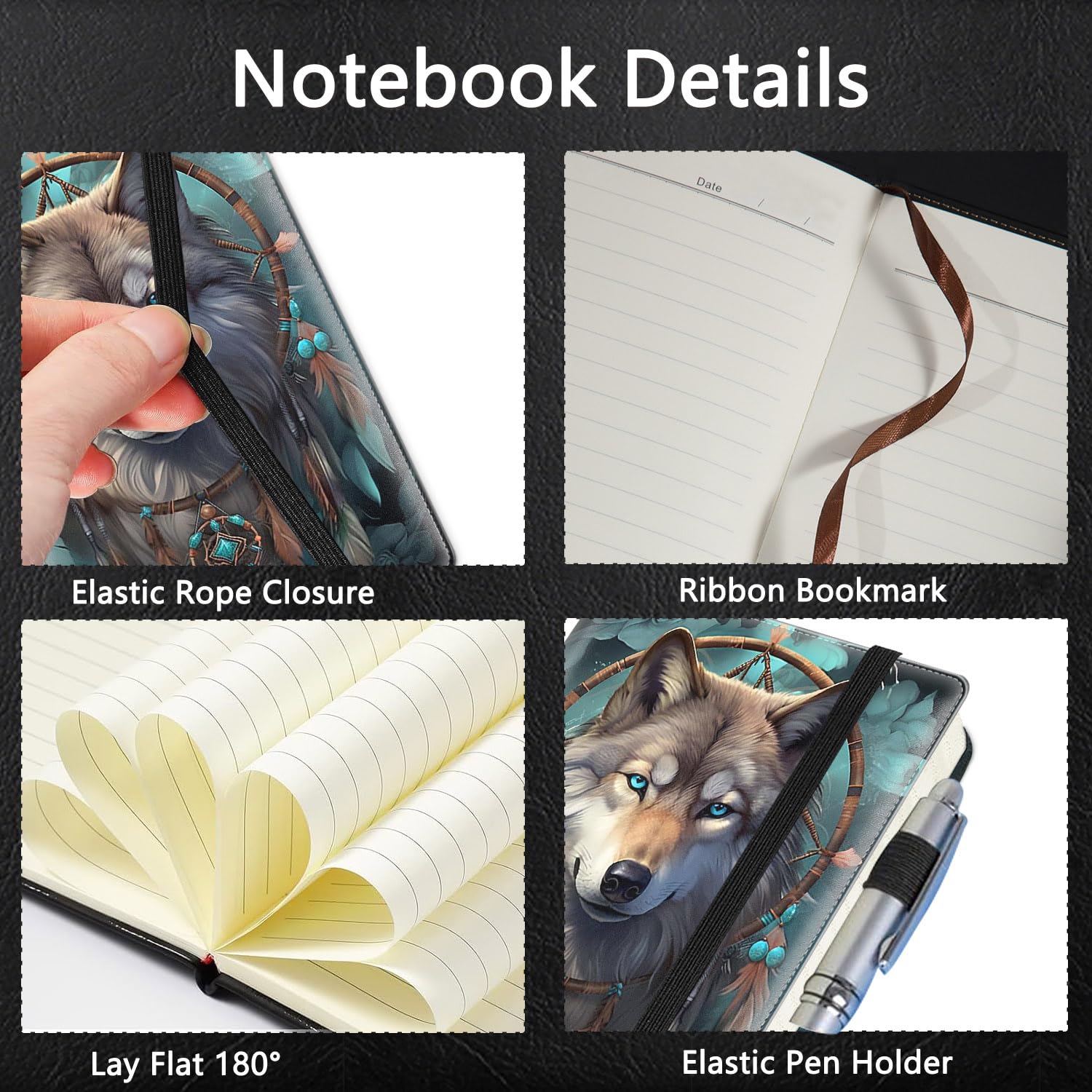 Journal Notizbuch, A5 liniert Notizbuch zum Schreiben 200 Seiten 100GSM Dickes Papier, Hardcover Leder Business Tagebuch Notizblock für Arbeit und Schule College Liniert Notizbuch, Traumfänger - Wolf