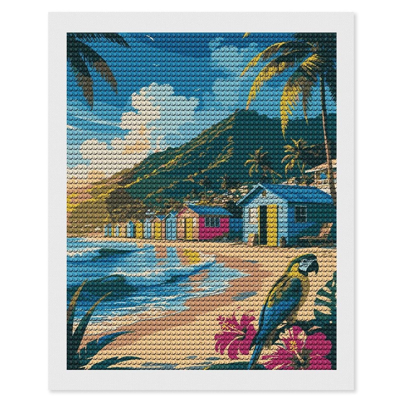 Junmoney Tropical Beach with Colorful Huts and Parrot Diamond Art Kit 16"x20", Gift Idea, for Family Craft Time, Mindful Craft Activity, Boho Decor, Relaxing DIY Hobby