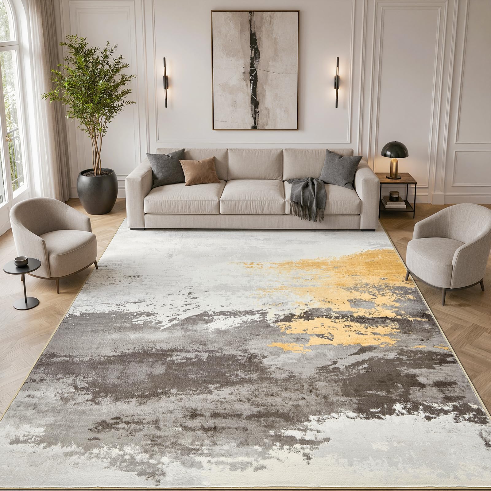 TOPICK waschbar Teppich modern faltenfrei Wohnzimmer Kurzflor 240x340 Grau | rutschfest Teppich Schlafzimmer faltbar dünn Antirutschunterlage bunt Teppich im Ölgemälde Stil Carpet Living Room Bedroom