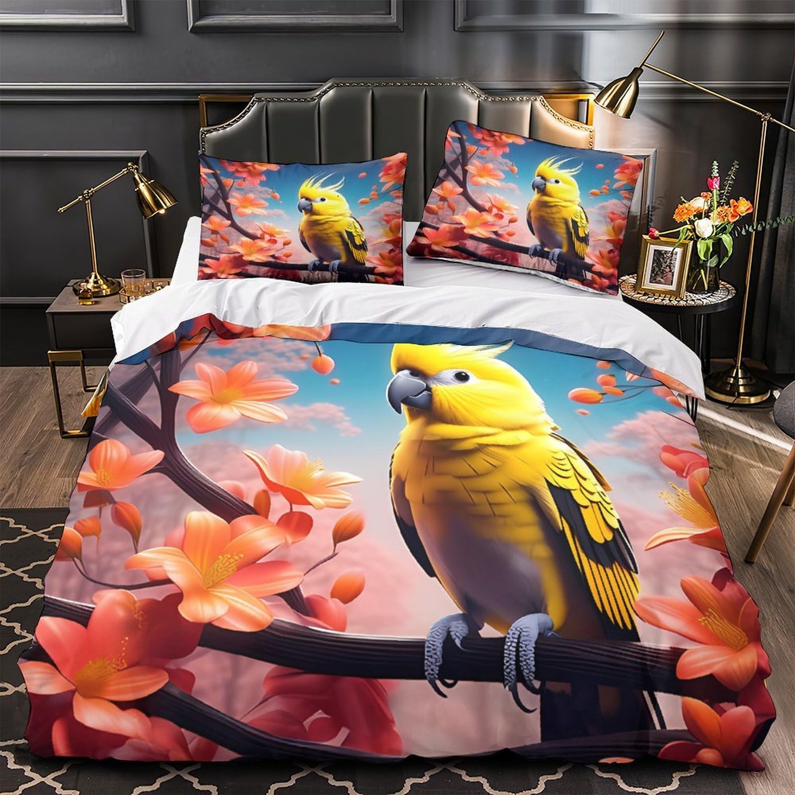 Housse de couette perroquet jaune 3D en microfibre 260x220 cm avec taies