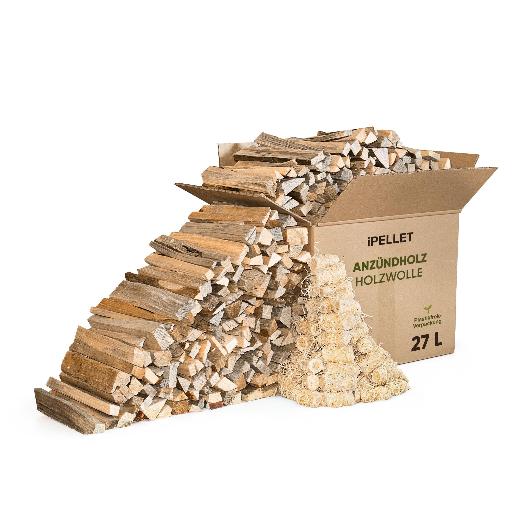 Leña de pino, caja de 27 litros (aprox. 7 kg) con encendedores de lana de madera, producto natural, encendedor para estufa, barbacoa y hoguera