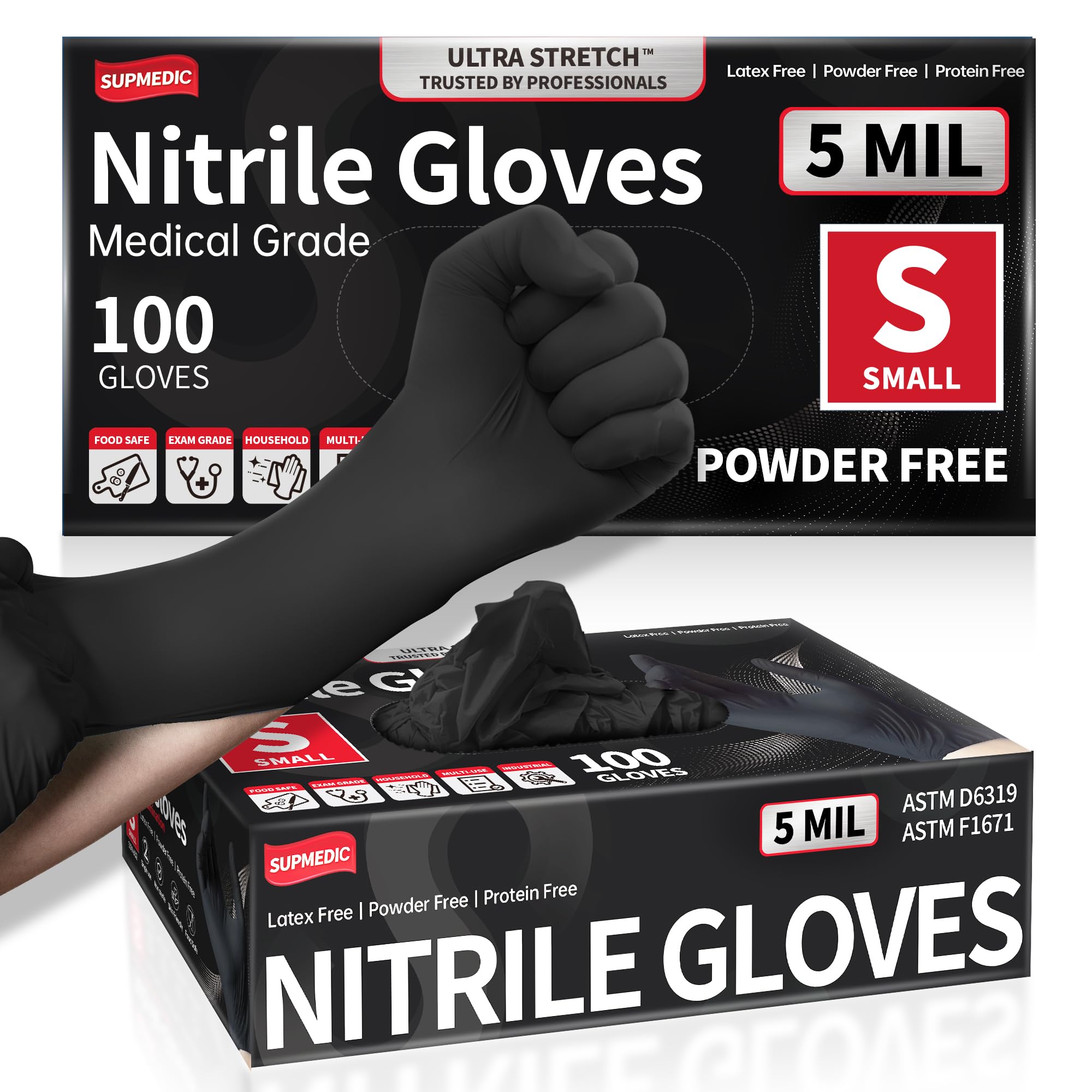 Disposable Nitrile Gloves, 5Mil Chemical Resistant Powder-Free Latex-Free Glove Exam Cook Tattoo, Black Blue 100Pcs