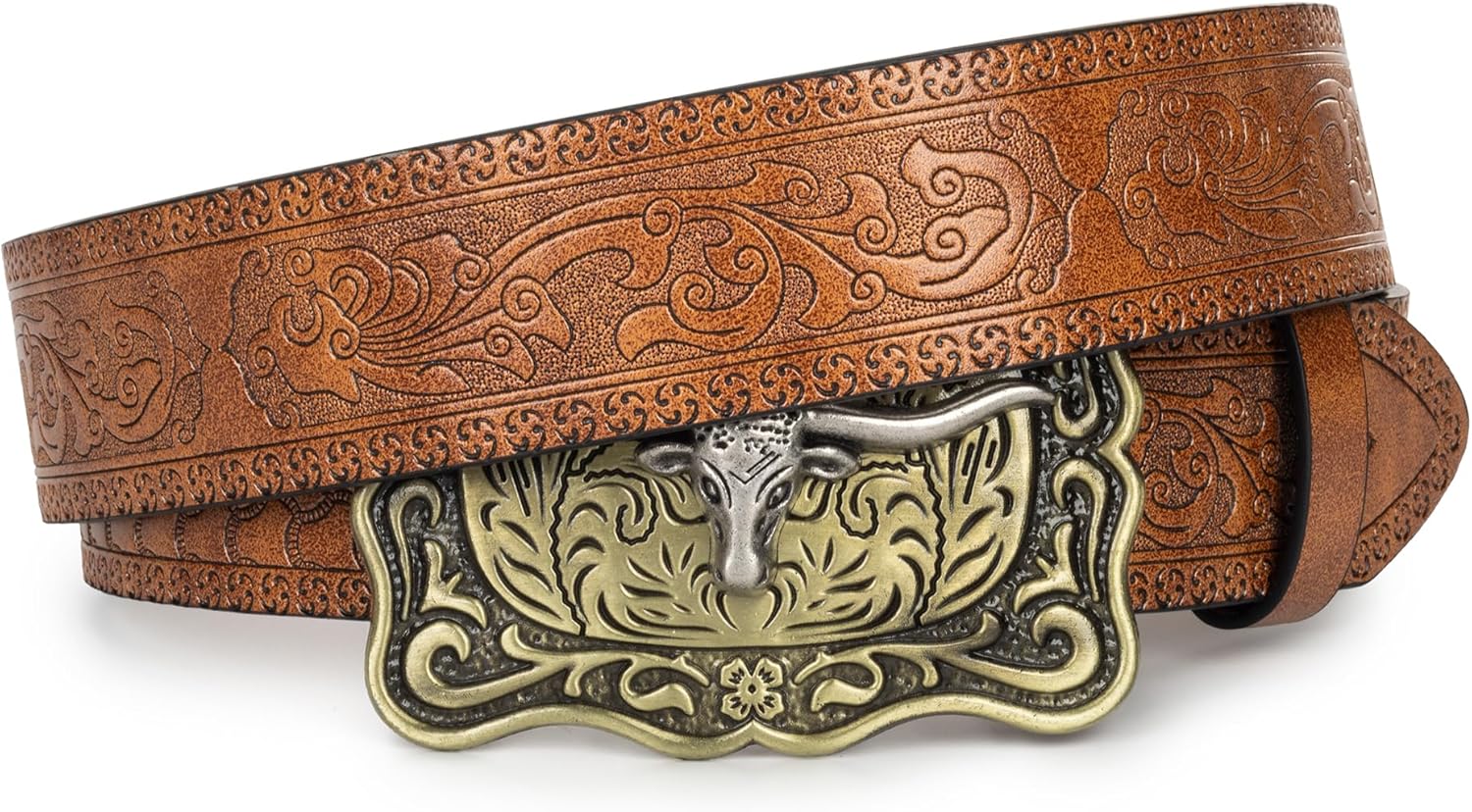 Western-Cowboy-Belts for Men/Women - Mens Western Belt with Longhorn-Bull-Buckle Cowgirl-Country PU-Leather-Belt for Jeans - Image 3