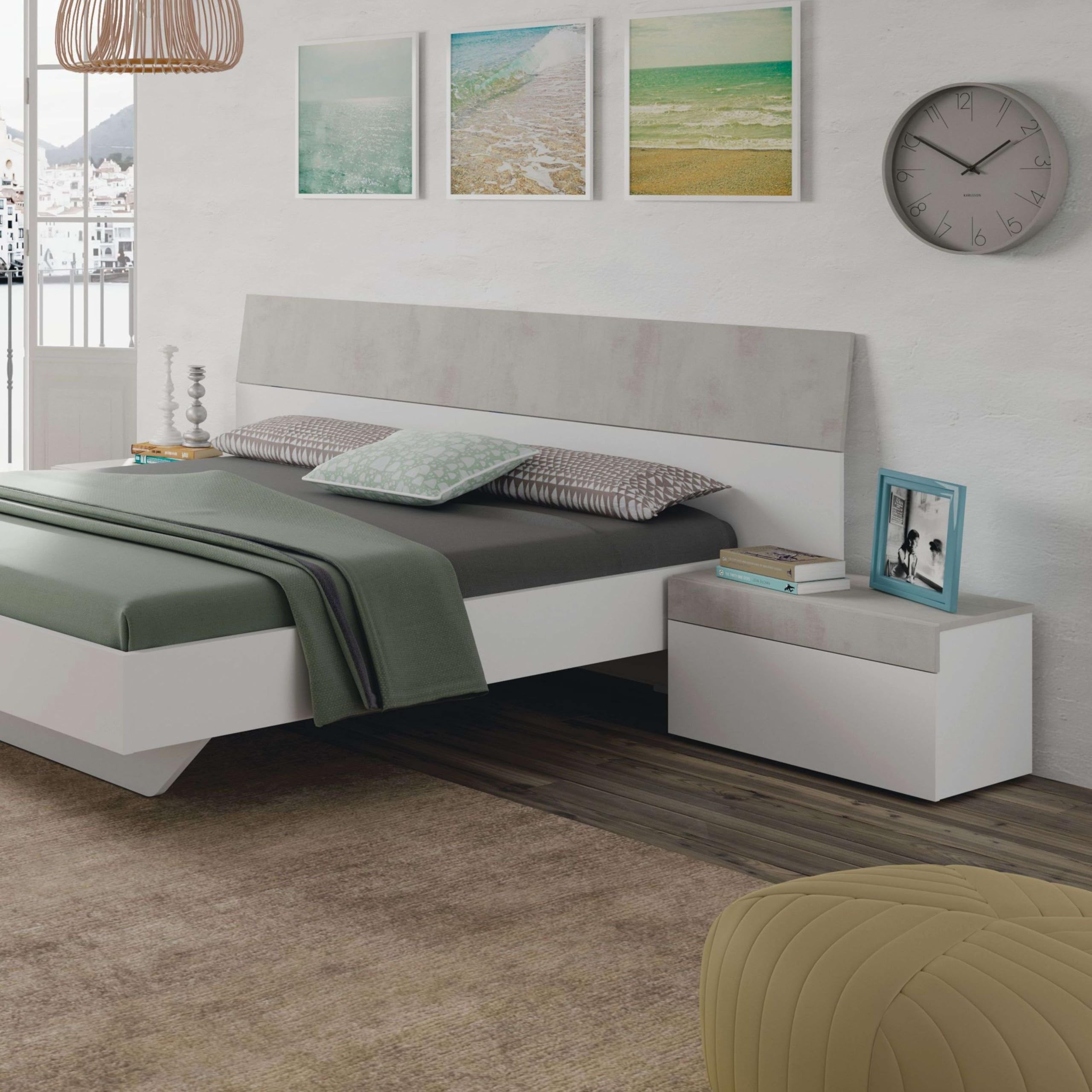 Habitdesign – Cabecero de Cama Matrimonio con 2 Mesitas, Cabezal de Matrimonio y Mesillas, Color Blanco Artik y Gris Cemento, 298x40x96,5 cm - Modelo Tekkan