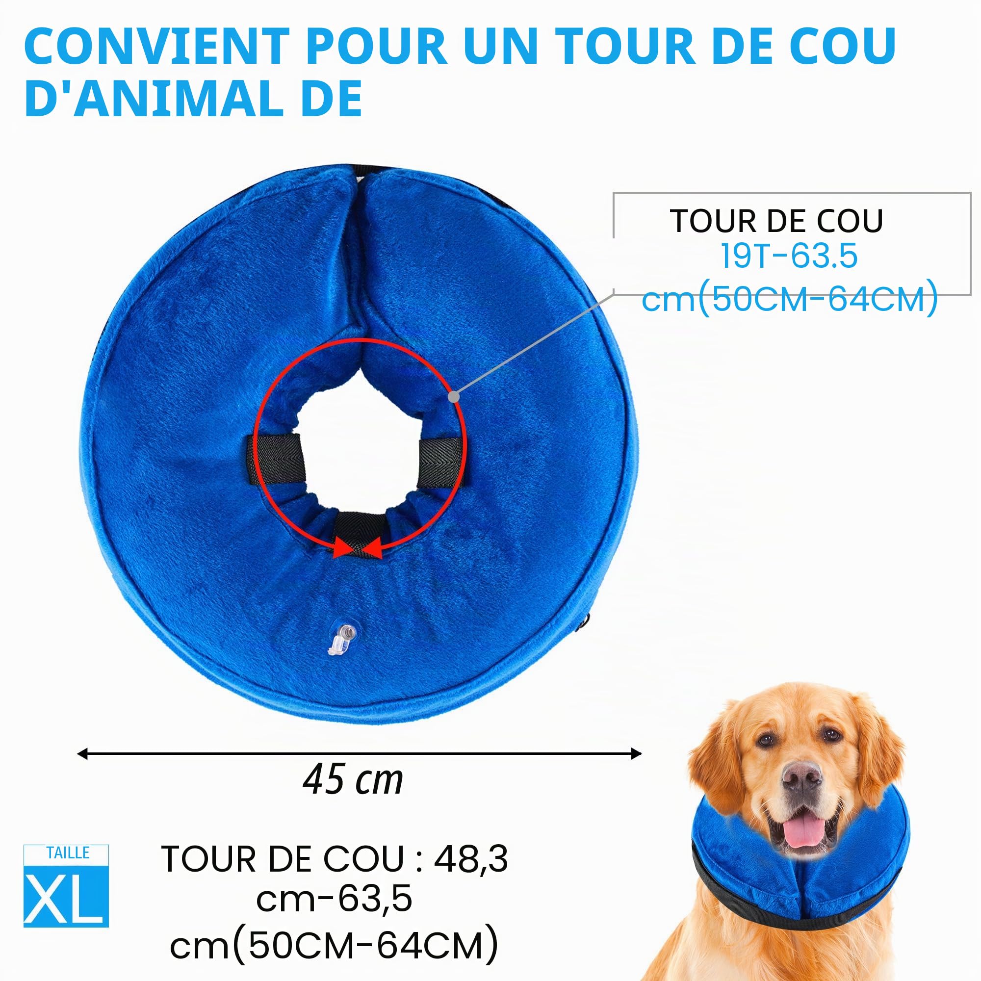 Collerette Gonflable pour Chien, Ajustable Collier de Récupération Chat Cône de Cicatrisation pour Chien Collier de Protection pour Anti Lechage & Morsure Après Une Chirurgie (Bleu, XL)