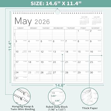 2026 Wall Calendar - 2026 Calendar from Jan. 2026 - Dec. 2026, 14.6 x 11.4, 12 Months Wall Calendar 2026, Thick Paper, Twin-Wire Binding, Simple Design