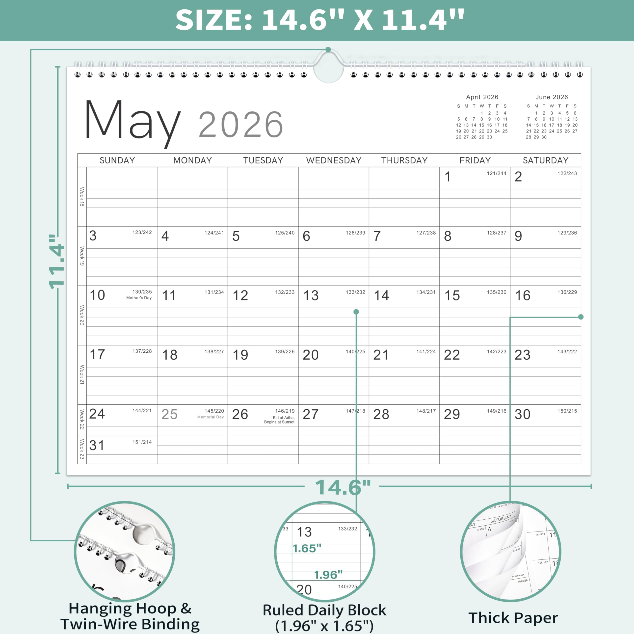 Wandkalender 2026 - Kalender 2026 von Jan. 2026 - Dez. 2026, 37,1 x 29,0 cm, 12 Monate Wandkalender 2026, dickes Papier, Doppeldrahtbindung, schlichtes Design
