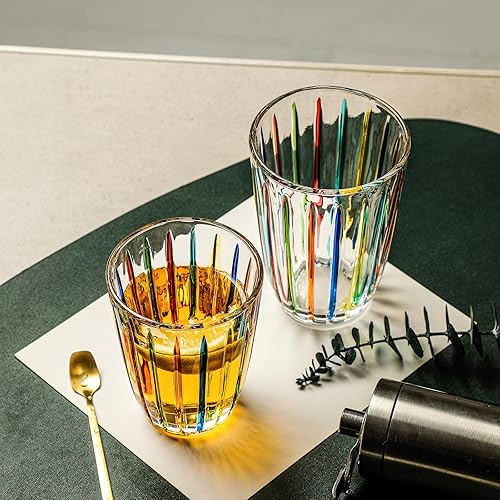 Miniatura 6 de G Vasos de whisky de vidrio pintados a mano, 7.4 onzas de vidrio de estilo antiguo con patrones de tiras multicolores, vasos para beber de colores