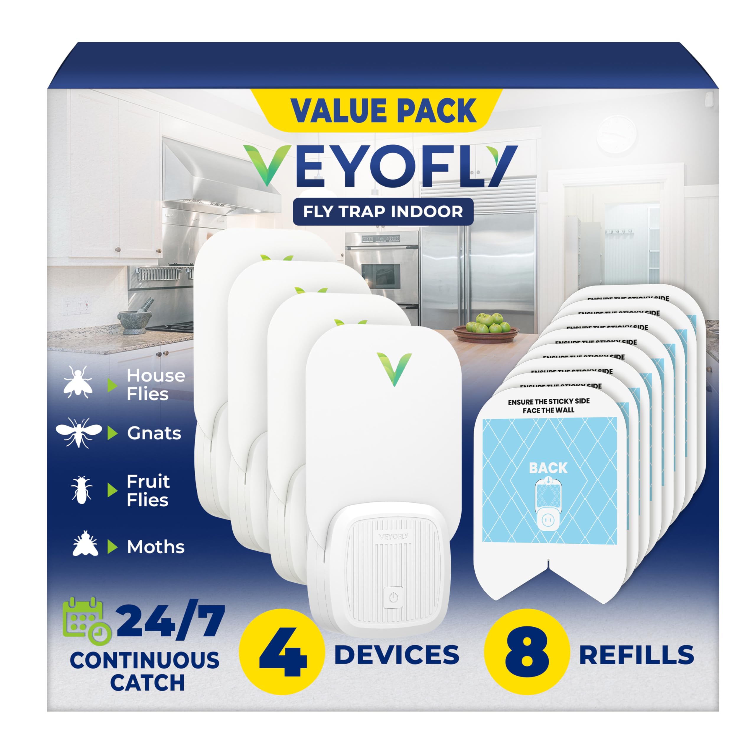 VEYOFLY Fliegenfalle UV, Fruchtfliegenfalle, 4 Geräte + 8 Nachfüllungen | UV-Licht lockt Insekten auf Wechsel-Klebekarten, leise 24/7, Stecker, Innenbereich, ohne Insektenvernichter Elektrisch