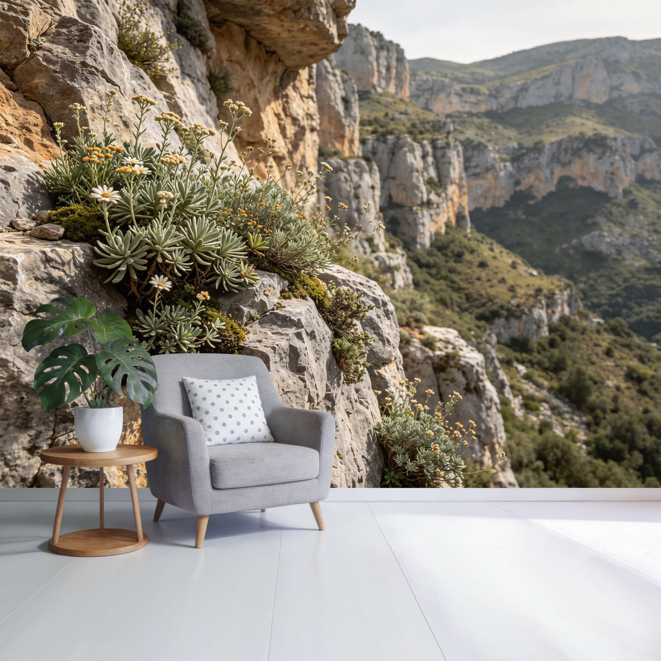 Custom Size Wall Mural Mountain Cliff Wildflowers Botanical Landscape Natural Rock Texture SelfAdhesive Wall Fabric Removable Wallpaper for Home Office Decor