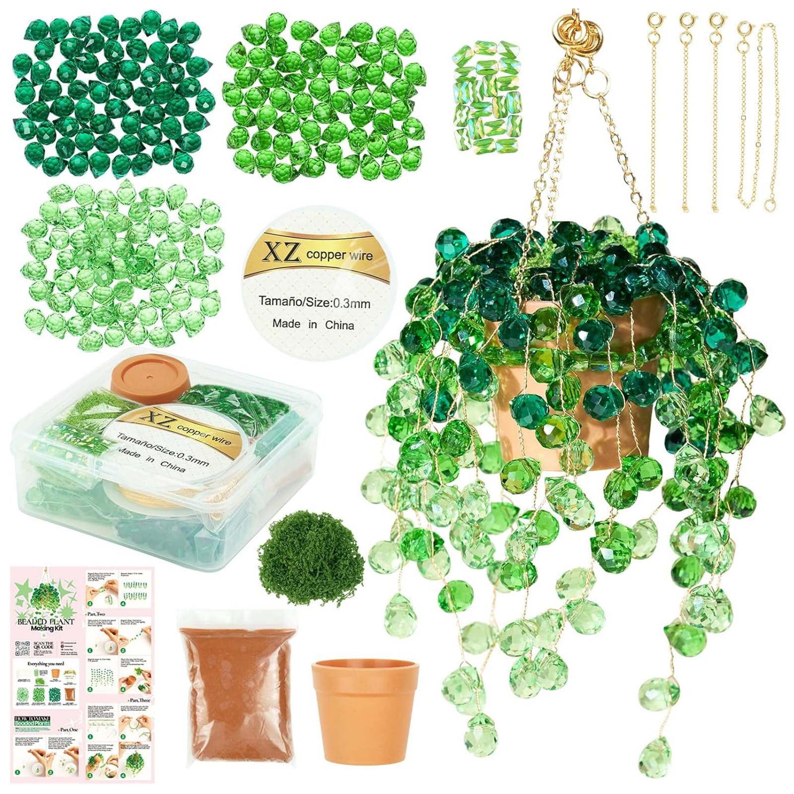 exylosluxek Beaded Plant Kit, Assorted Green Glass Beads for DIY Decorative Hanging Home Decoration