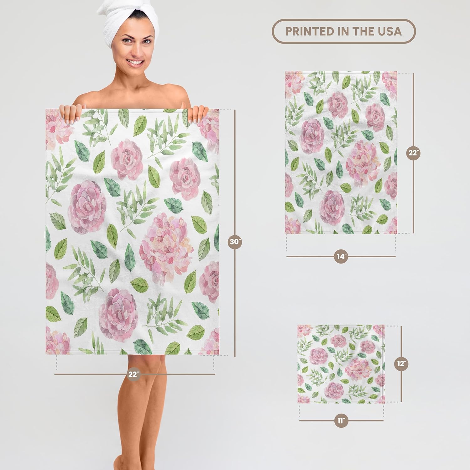 3dRose Pink and Green Watercolor Flower Pattern 22x30 Bath Hand Pool Towel