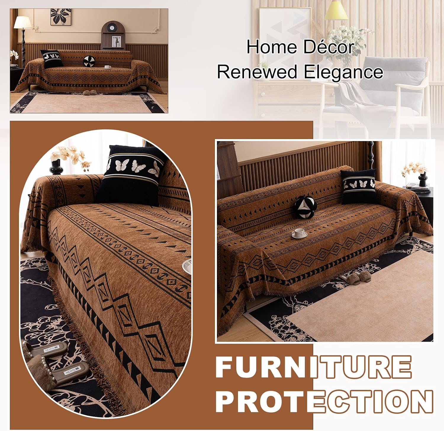 ROOMLIFE Dark Brown Couch Cover 3 Cushion Sofa, Washable Non Slip Furniture Sofa Protector Cover, Soft Chenille Sofa Slipcovers Sectional L Shape Dogs Couch Cover Throw Blanket with Tassels71''X150''