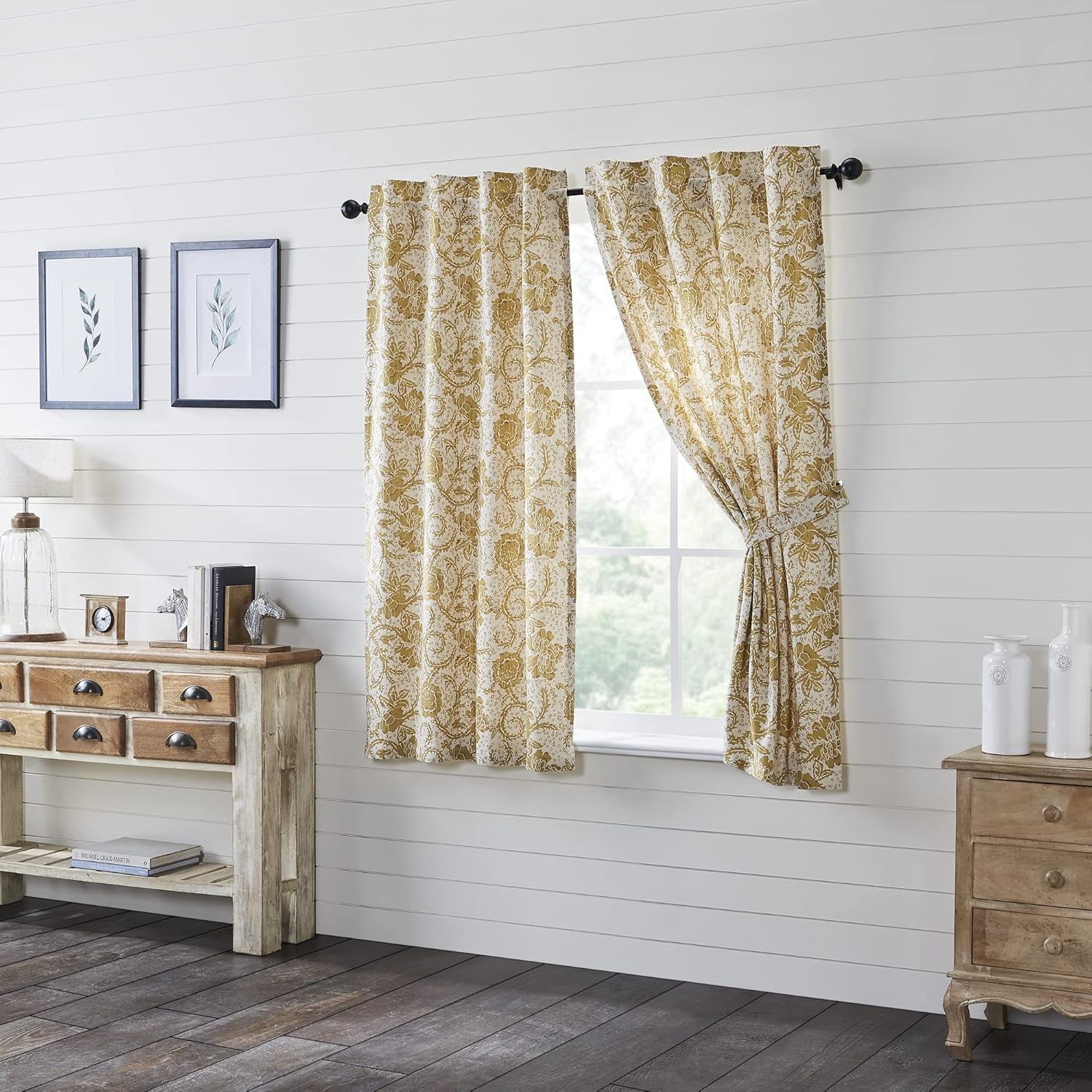 VHC Brands Dorset, Farmhouse Cafe Tier Curtain, Floral, Gold, 24x36, Set of 2
