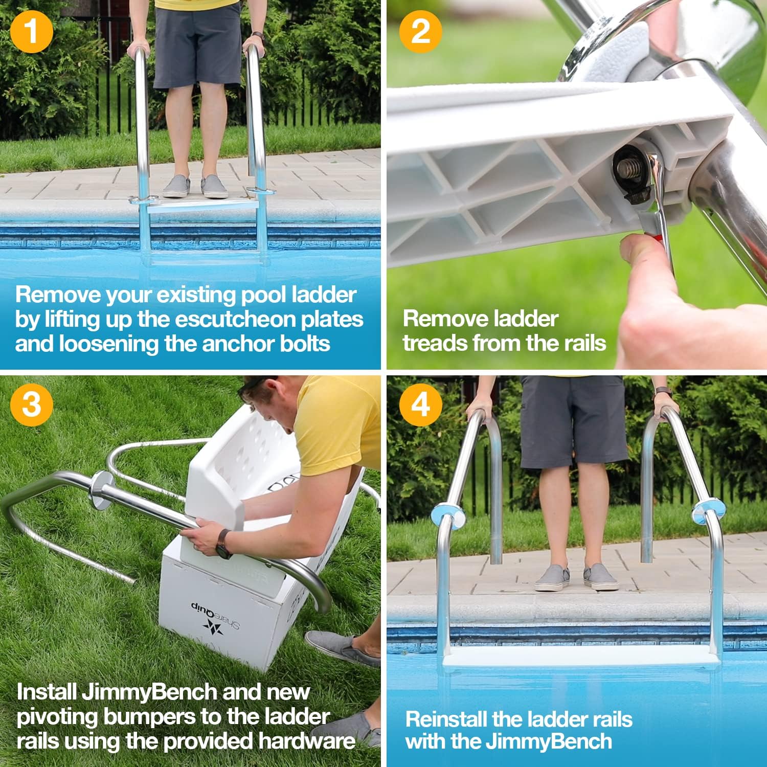 The Jimmy Bench for Inground Pool Ladders (Rails NOT Included/Bench & Hardware Only) - Convert Your Pool Ladder Steps into a Swim-up Bench | Great for Kids, Adults & Pets | Made in USA | White