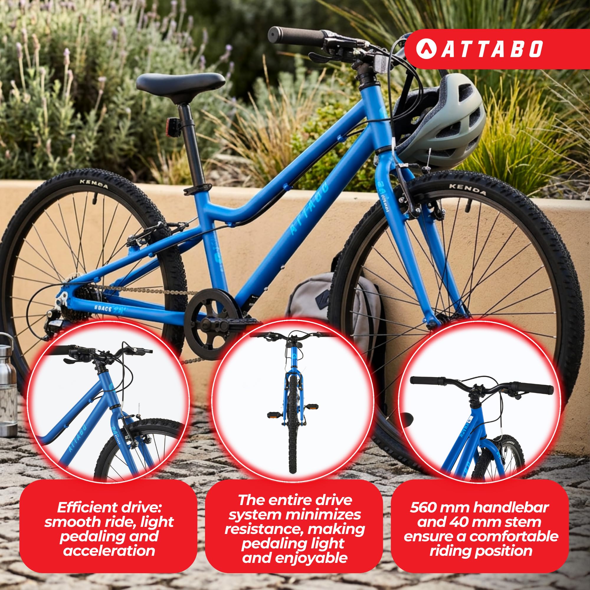 ATTABO Leichtes Fahrrad für Alltag und Touren – Jugendfahrrad – Aluminium – 24 Zoll Blau – Für Jungen und Mädchen