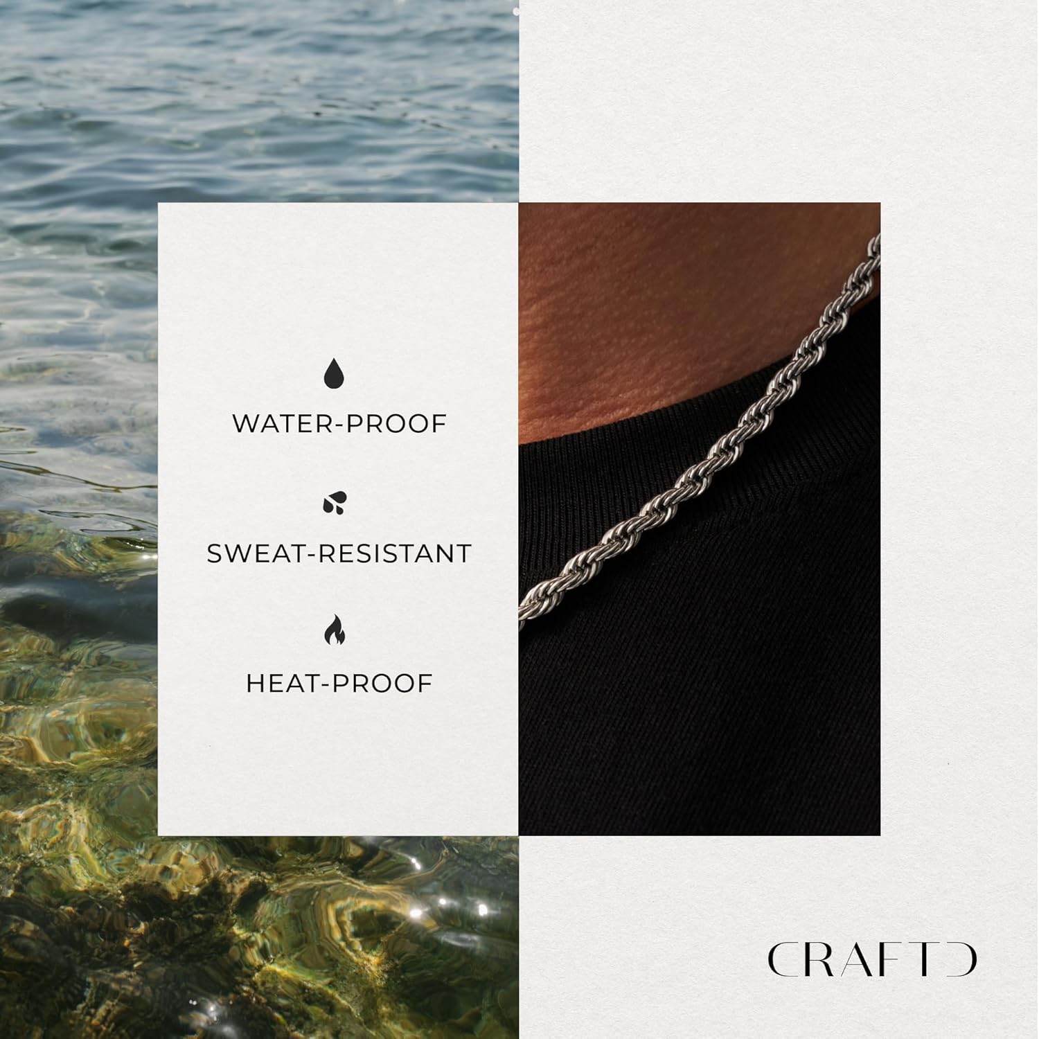 CRAFTD - Silver Rope Link Chain - Durable Rhodium & 316L Stainless Steel - Waterproof, Heat & Sweat Resistant - Gifts for Men - Men's Jewelry - Image 3