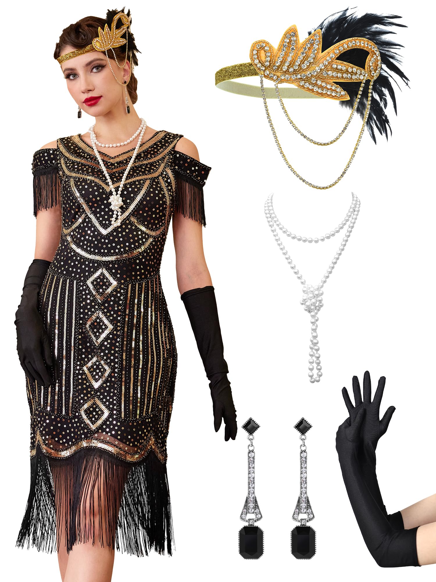 MTITE Great Gatsby Dresses 1920s for Women, Vintage Long Fringe Dress Roaring 20s Sequins Beaded Dress with Accessories Set