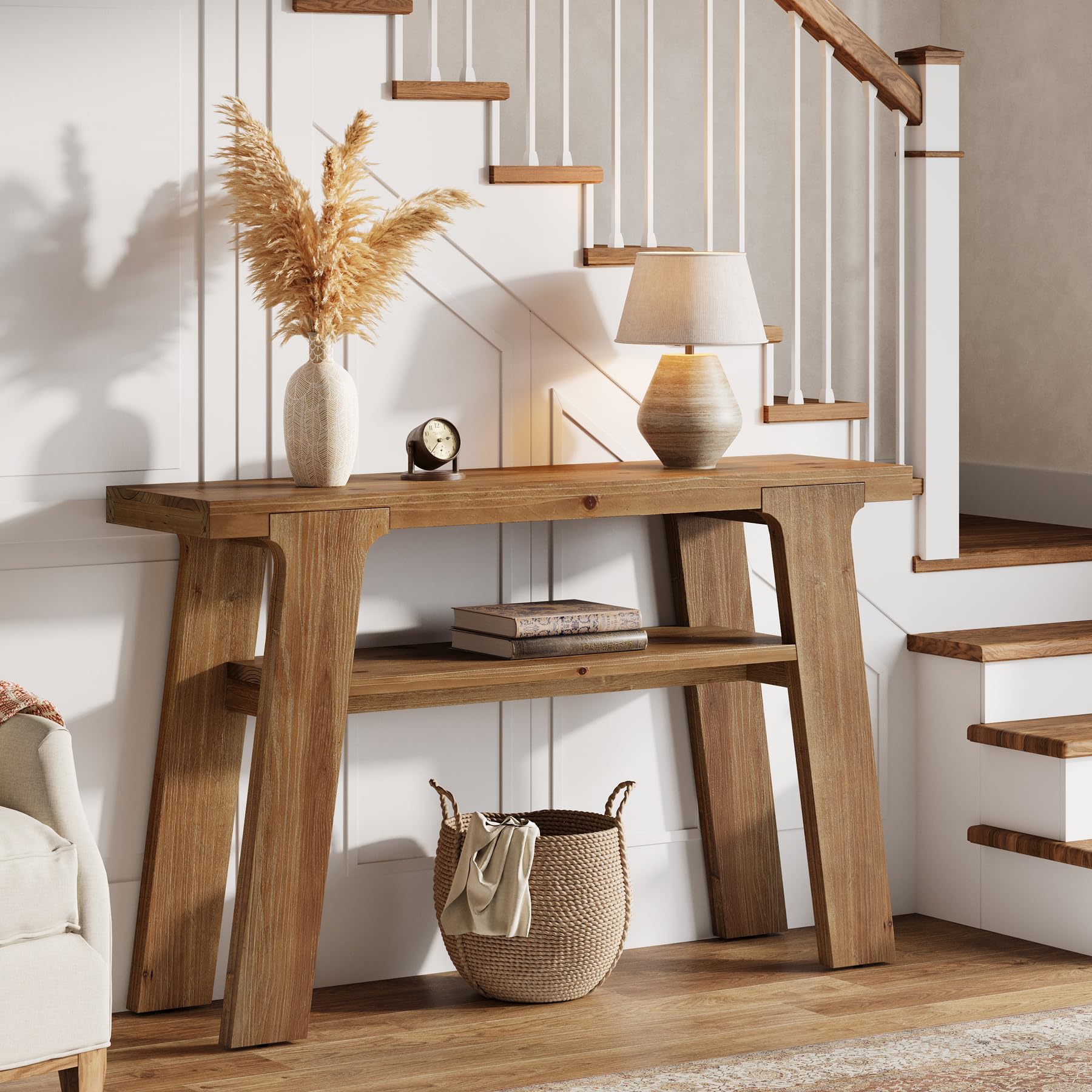Table Console en Bois Massif, 120 x 30 x 80 cm, Console étroite de Style Champêtre avec 2 étagères, pour un Couloir, Derrière un Canapé, Dans un Salon ou une Entrée, Montage Facile