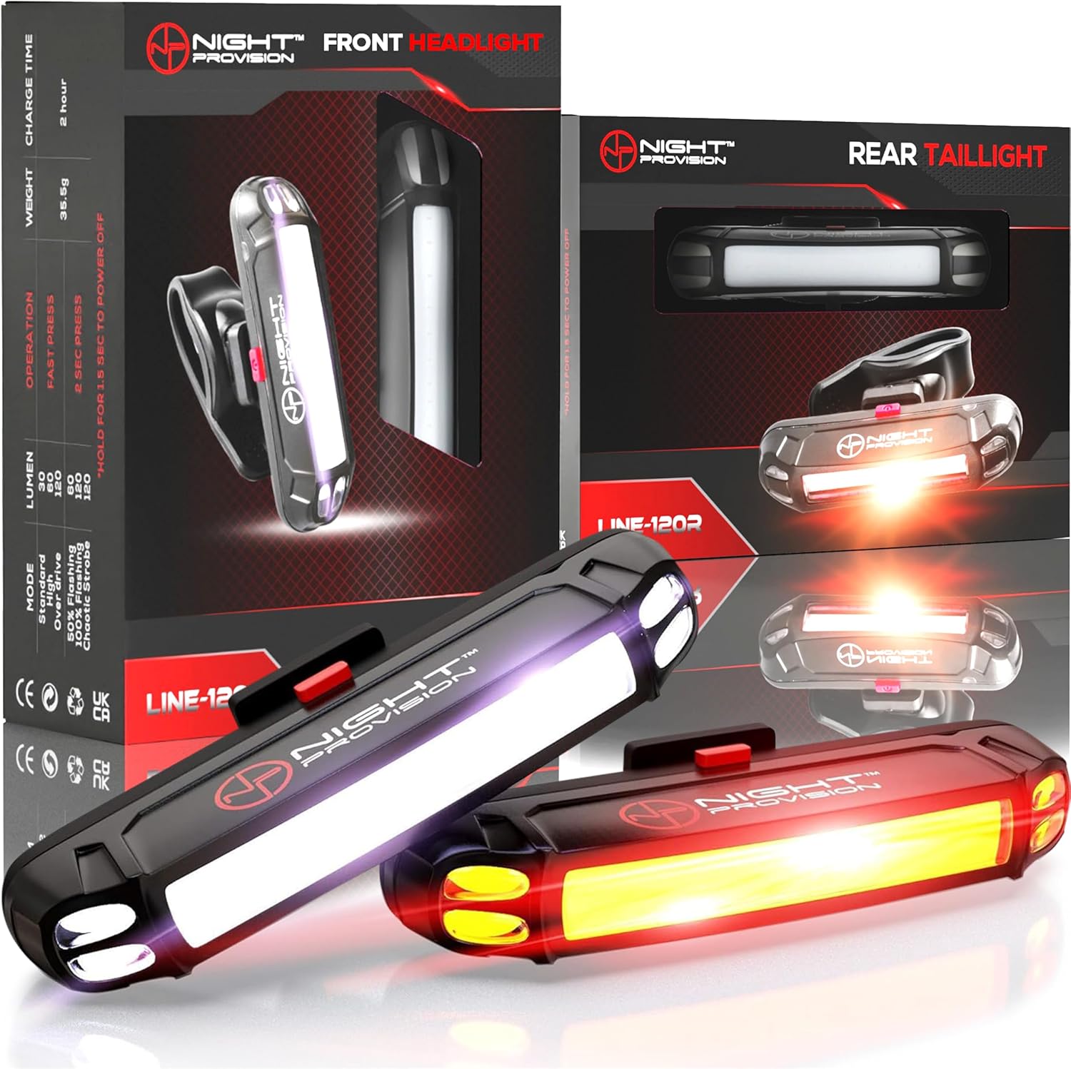 LINE-120 Front & Rear Bike or Skateboard Lights – USB Rechargeable LED Headlight & Taillight Set – Accessories for Bicycle, Longboard & Skateboard Safety
