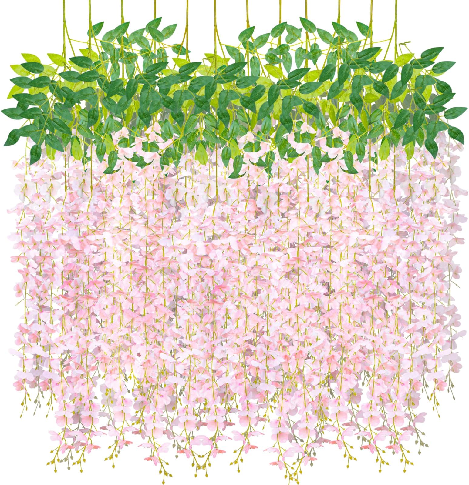 CEWOR 12pcs Wisteria Hanging Flowers 3.7 Ft Artificial Vine Fake Garland Silk String for Wedding Party Garden Outdoor Greenery Home Wall Decoration (Light Pink)