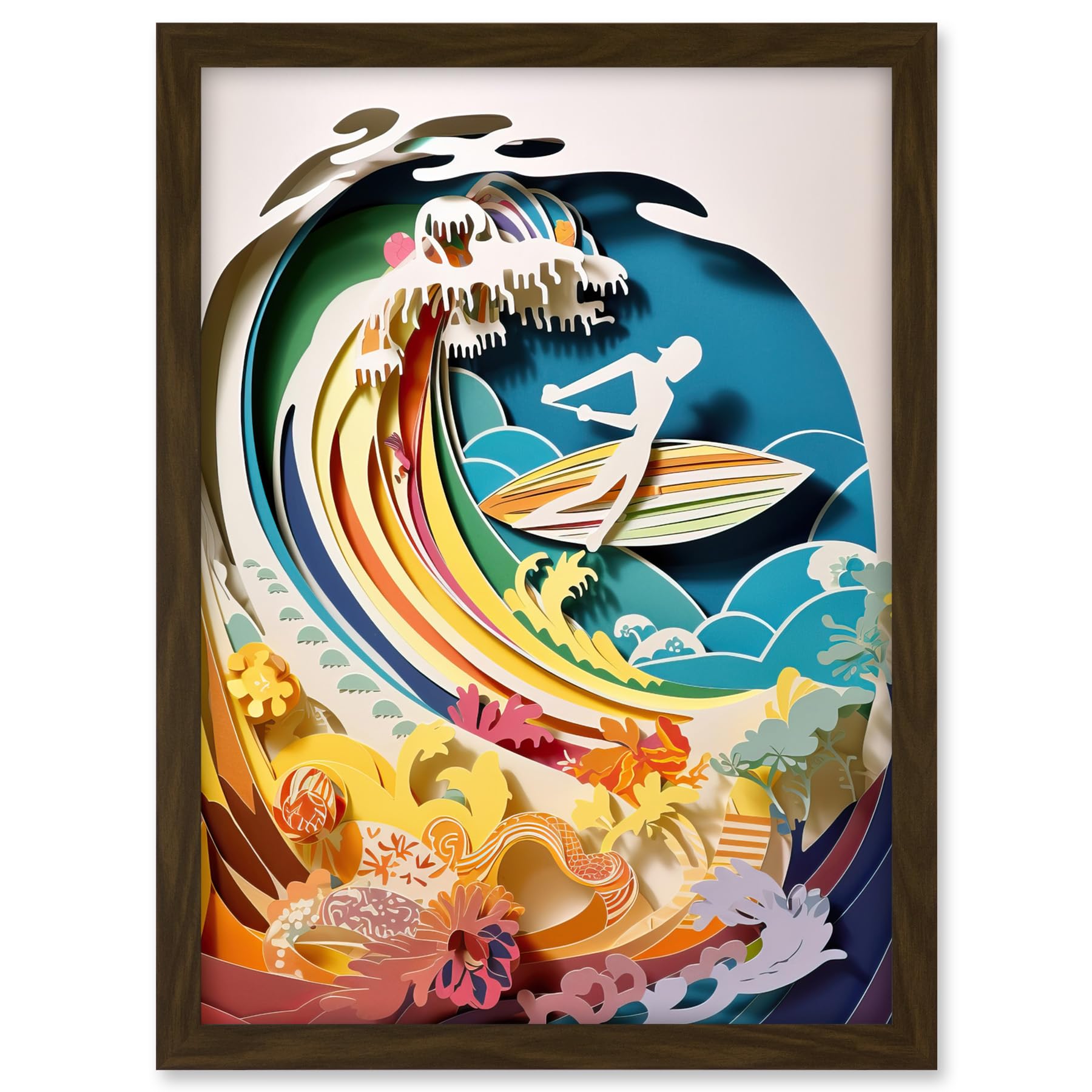 Artery8 Rainbow Kirigami Surfer Surfing Coastal Landscape Artwork Framed A3 Wall Art Print