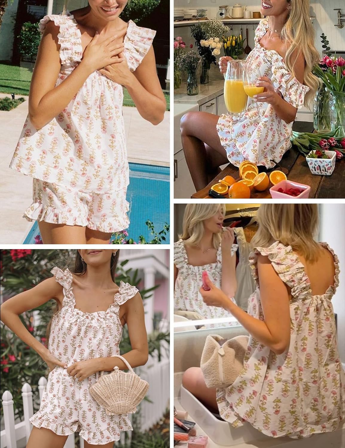 Wyeysyt Summer PJs for Women Set, Womens Floral Pajama Set Trim Cami Top and Shorts 2 Piece Sleepwear Set - Image 4