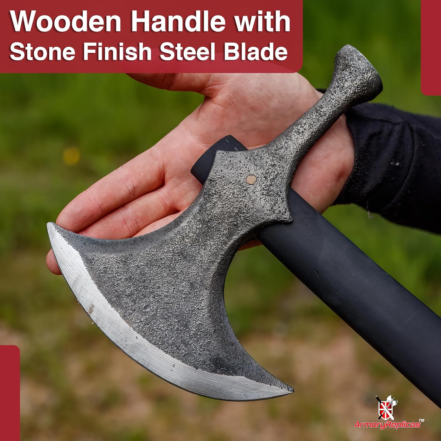 Armory Replicas™ Rustic Barbarian Hammerhead Battle Axe – 22.5" Steel Blade with Stone Finish & Wooden Handle – Versatile Tool for Camping, Outdoor Tasks