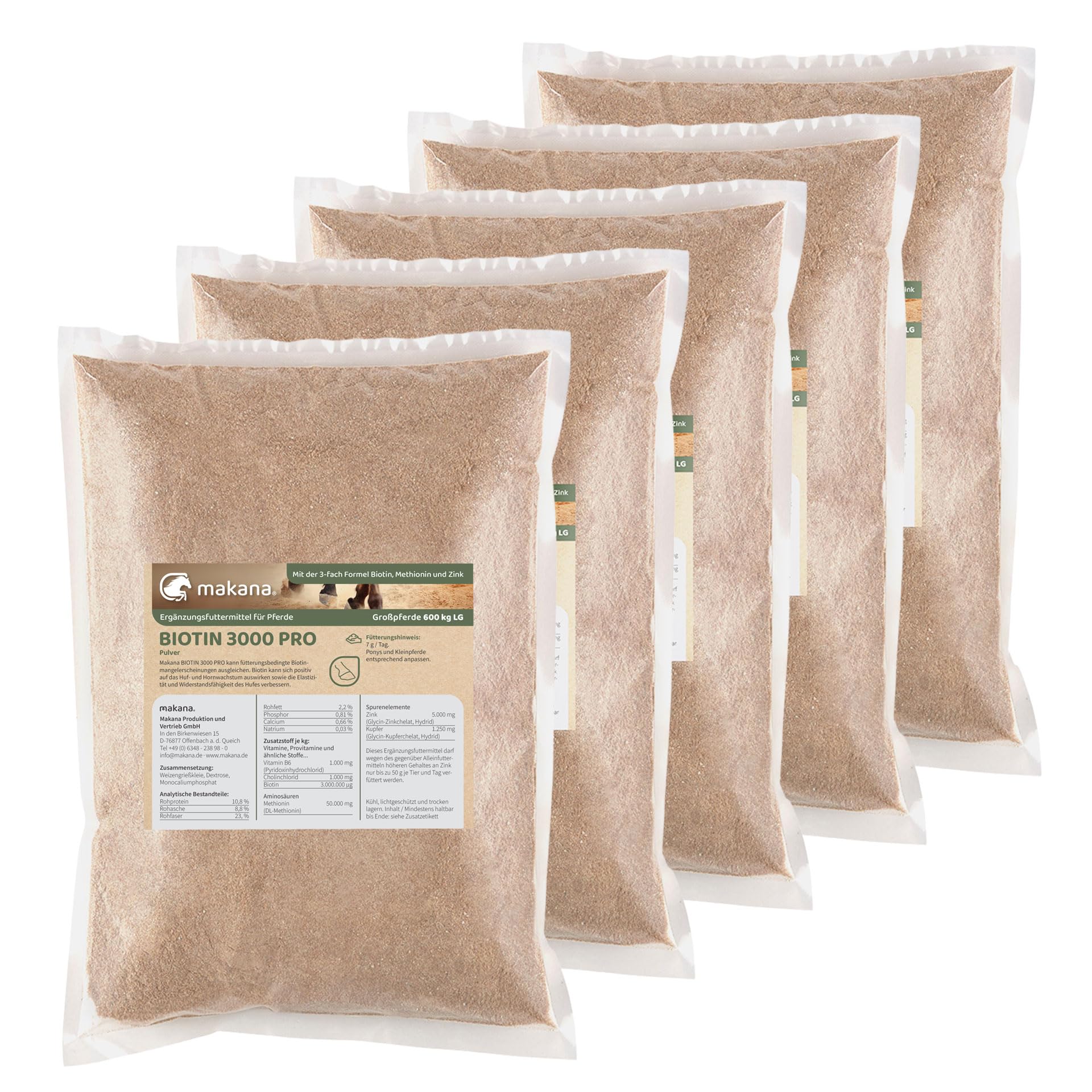 Makana Biotin 3000 Pro Pulver, Nährstoffe für stabile Hufe und Starkes Horn, 5 x 1000 g Beutel (16,98 € / kg)