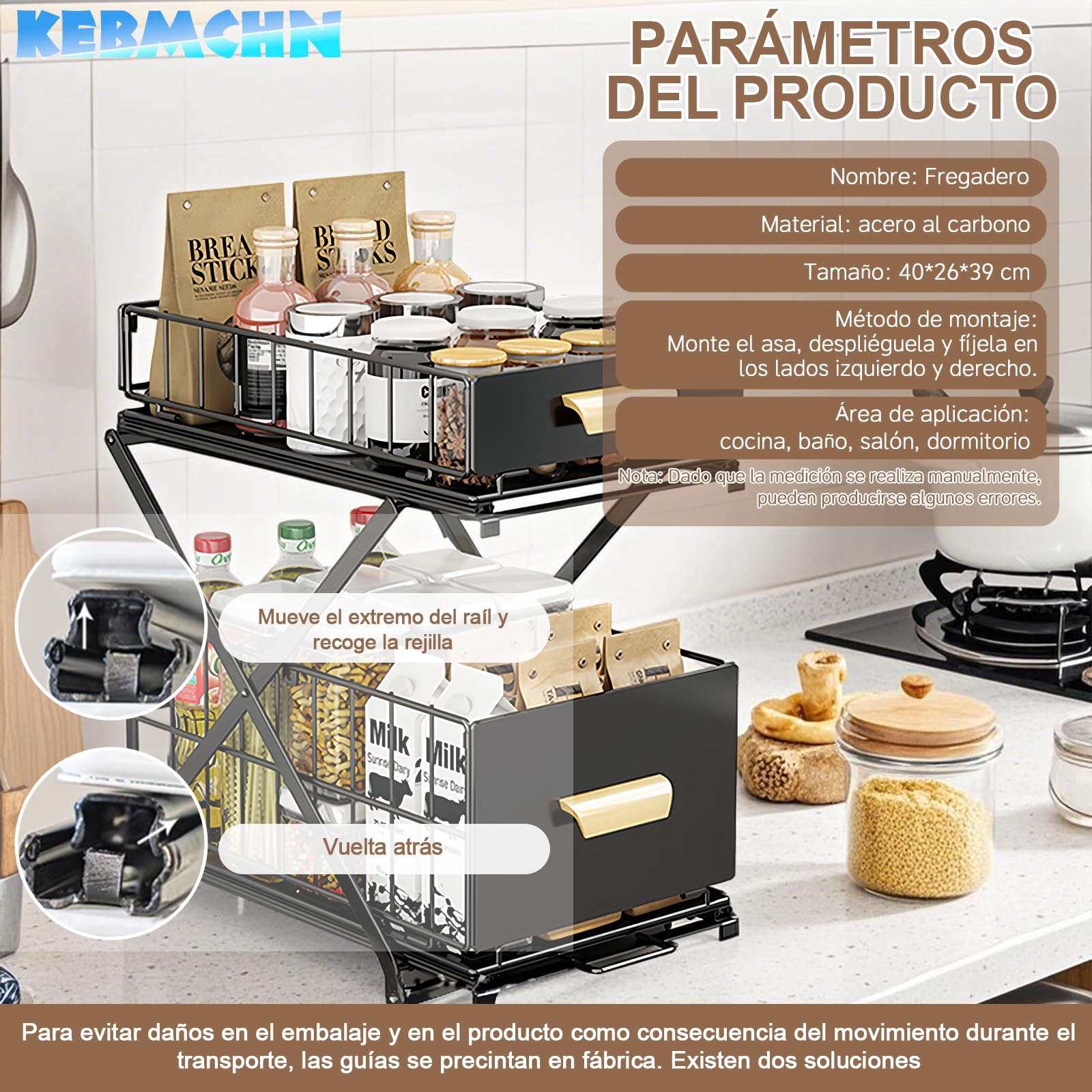 Organizador de cocina plegable de 2 niveles, 26 x 40 x 43 cm, estante para especias, cajón extraíble regulable en altura, organizador para armario que ahorra espacio, para especias, cosméticos, baño