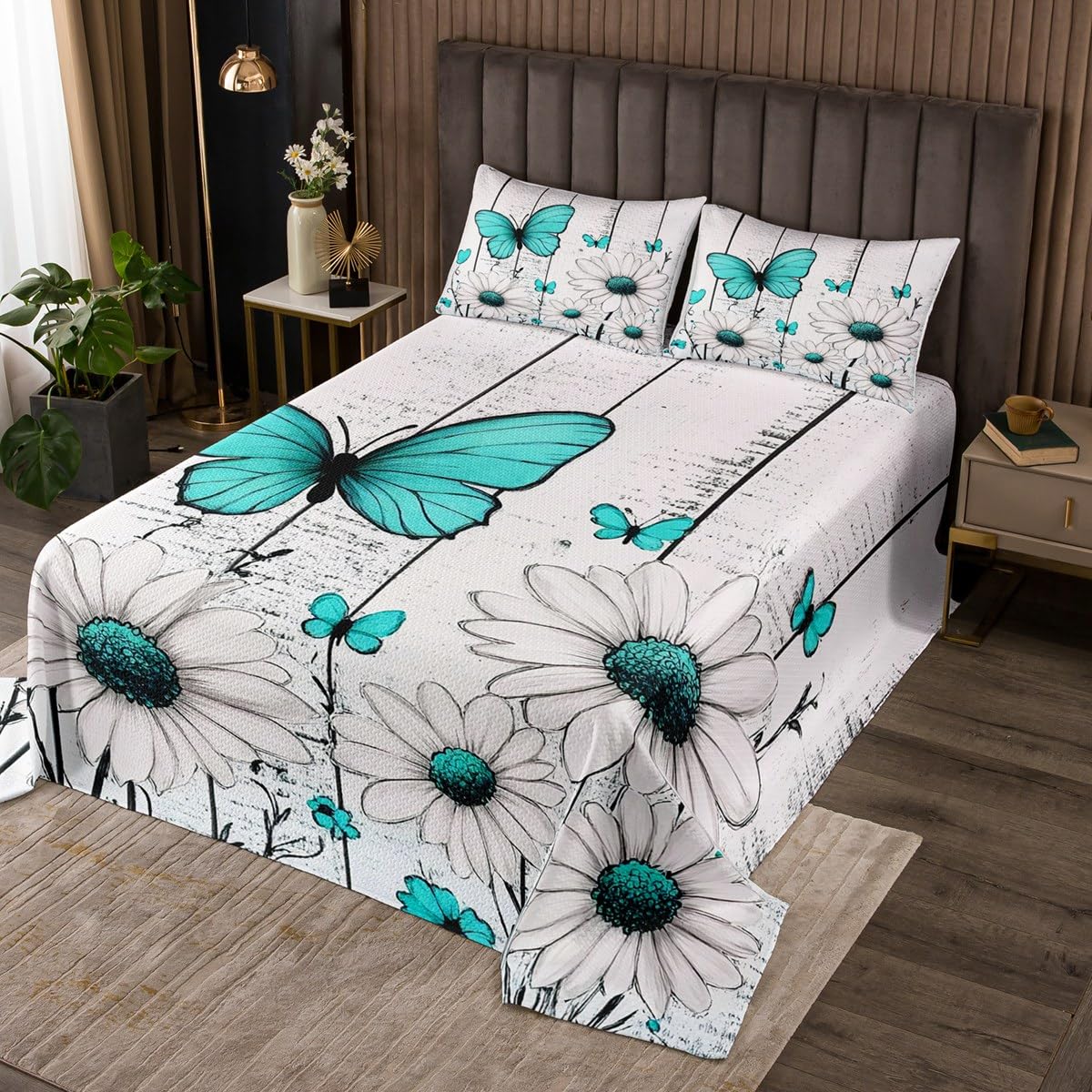 jejeloiu Farmhouse Floral Bedspread for Kids Boys Girls Queen Size White Daisy Flower and Teal Butterfly Coverlet Set Rustic Wood Board Quilted Coverlet Natural Theme Bedspread Cover Room Decor