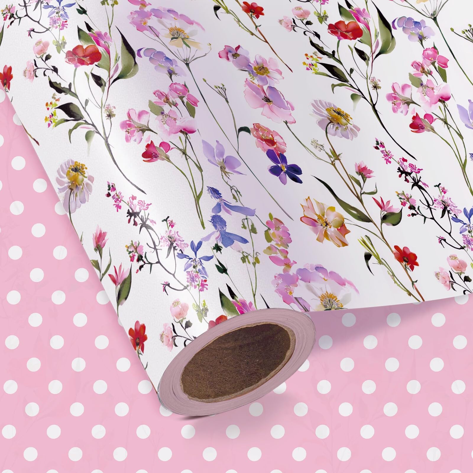 RUSPEPA Reversible Floral Wrapping Paper Roll - Mini Roll - 43.2cm x 5m - Colorful Wildflower and Pink Polka Dot Wrapping Paper for Wedding, Birthday, Bridal Shower, Mother's Day, Spring