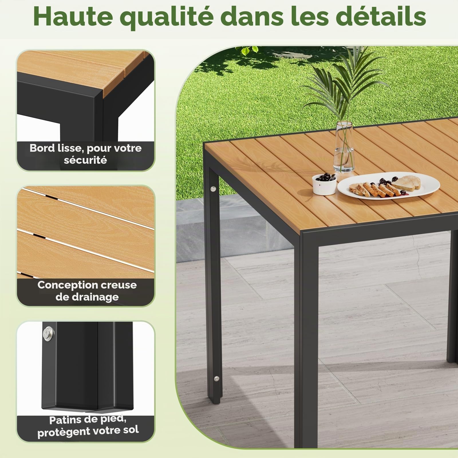 LIFERUN Table de jardin aluminium WPC 75x75 cm résistante aux intempéries Noir