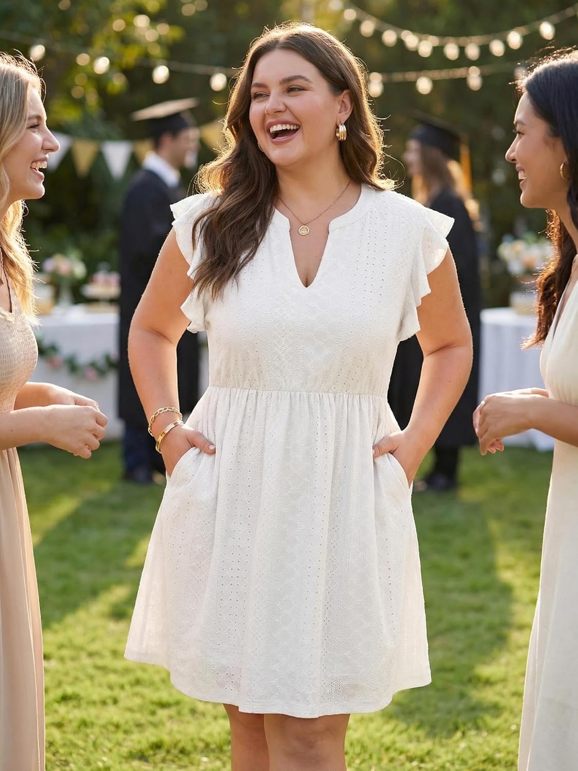 OLRIK Plus Size Summer Dresses for Women Stretchy Empire Waist Eyelet Midi Dress with Deep Pockets V Neck Flutter Sleeve 2026