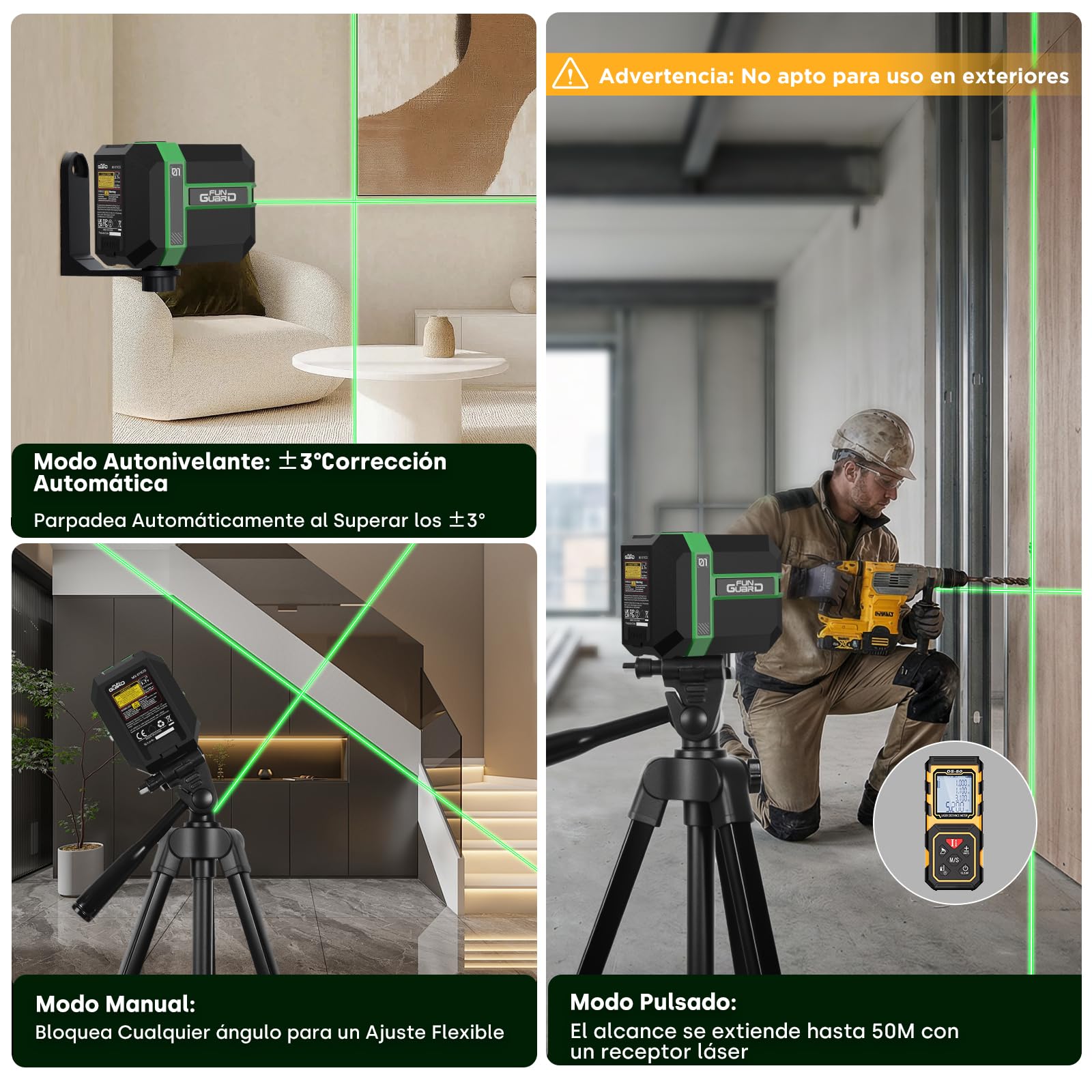 Nivel Láser Autonivelante, 50M Verde Módulo Láser Dual, 3 Modos Conmutables Horizontal/Vertical, Modo Pulso, Carga USB, IP54 para Obras de Construcción, Decoración del Hogar, DIY