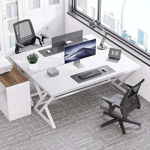 Miniatura 8 de LVB Moderno escritorio blanco para computadora, escritorio industrial largo para oficina en casa para estudiantes, escritorio de trabajo de estudio