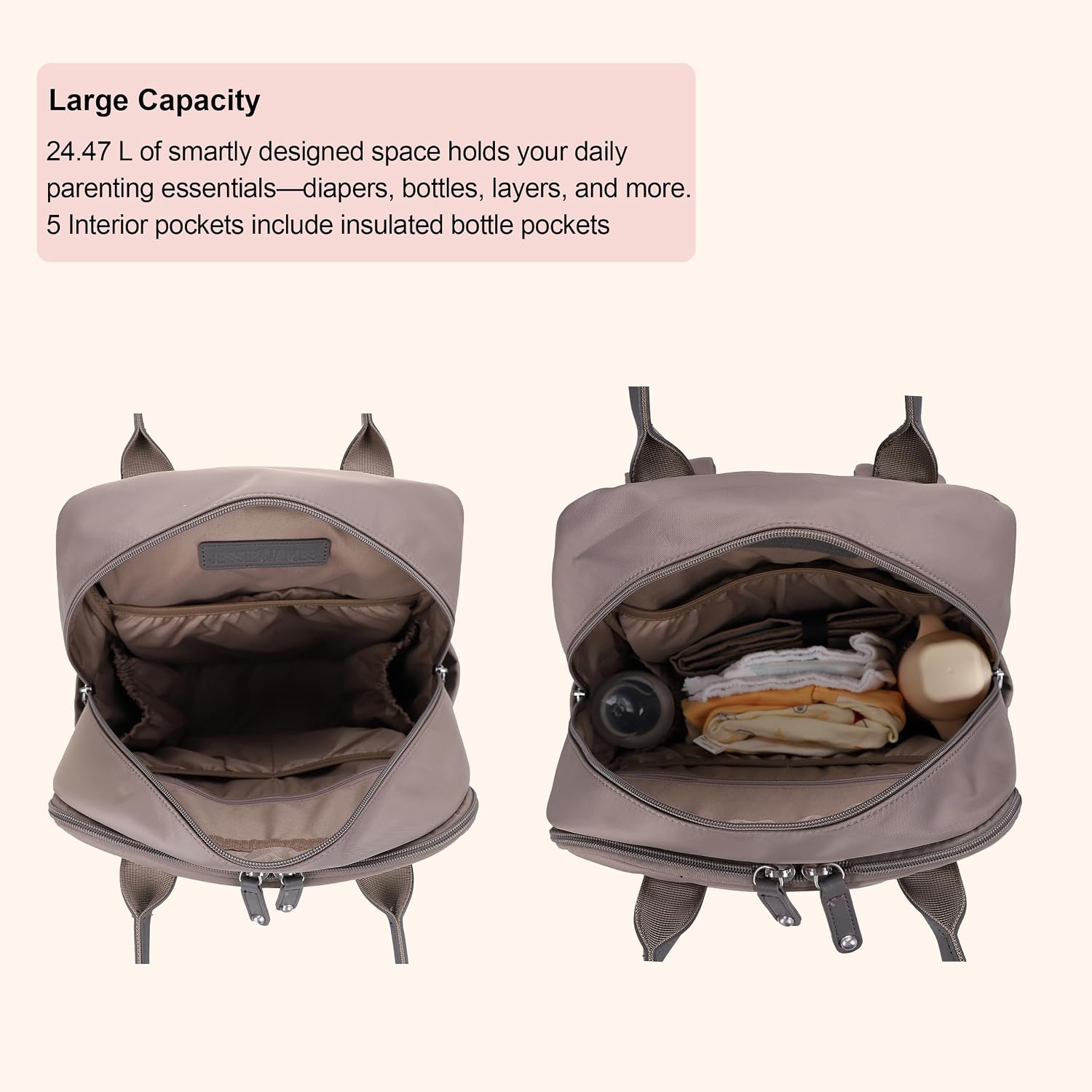 JESSIE & JAMES BeBe CCW Diaper Bag Nylon Backpack Multi Function Diaper Bag with Changing Pad & Stroller Straps_Dark Grey