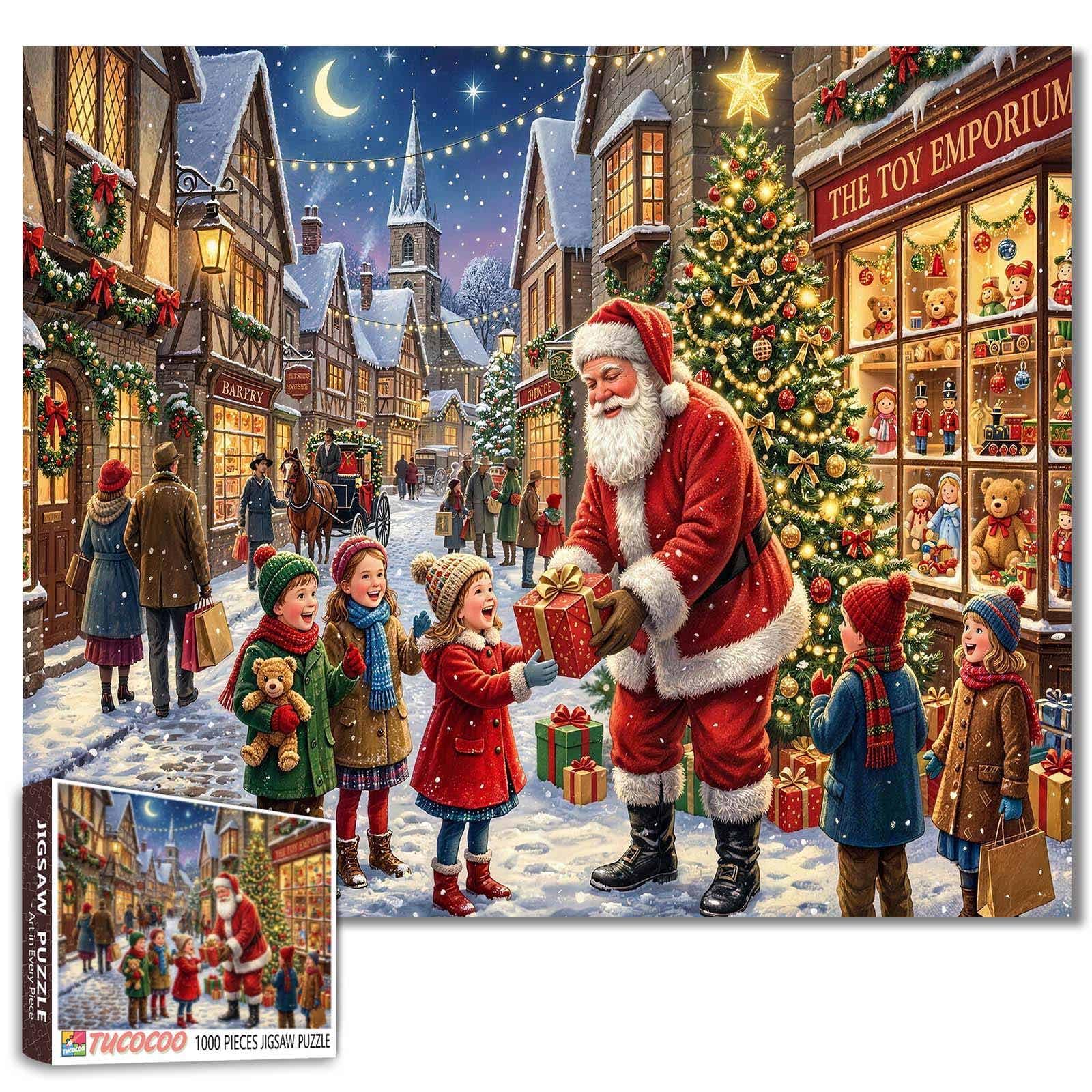 Santa Claus and Children Handing Out Gifts Jigsaw Puzzles for Adults 1000 Pieces Christmas Village Festive Holiday Scene Family Activity Games Home Wall Decor Craft Gifts 19.7 x 27.6 Inch โ image 1