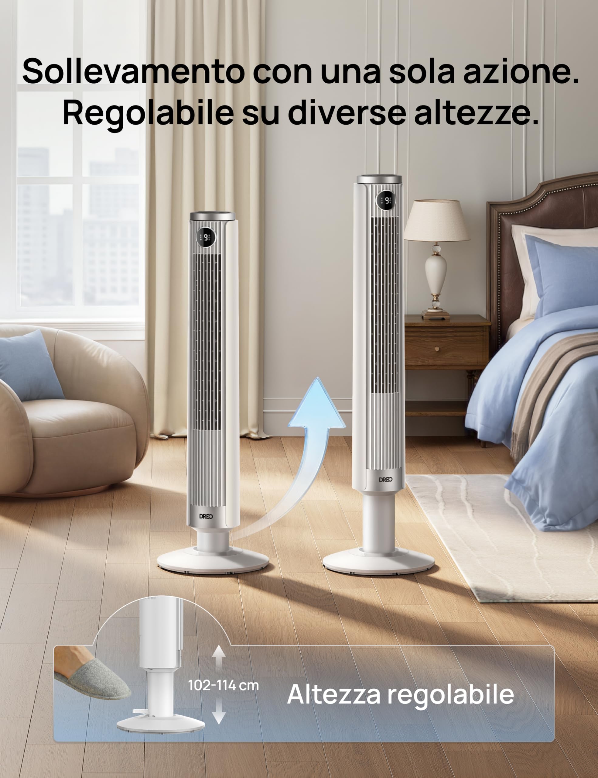 DREO Ventilatore a Torre Smart 554S, Ventilatore a Torre Regolabile 102–114cm per Camera, 8.4 m/s, Oscillazione 90°, Silenzioso 20 dB Dormire, 9 Velocità, 4 Modalità, Timer 12 h per Casa e Ufficio