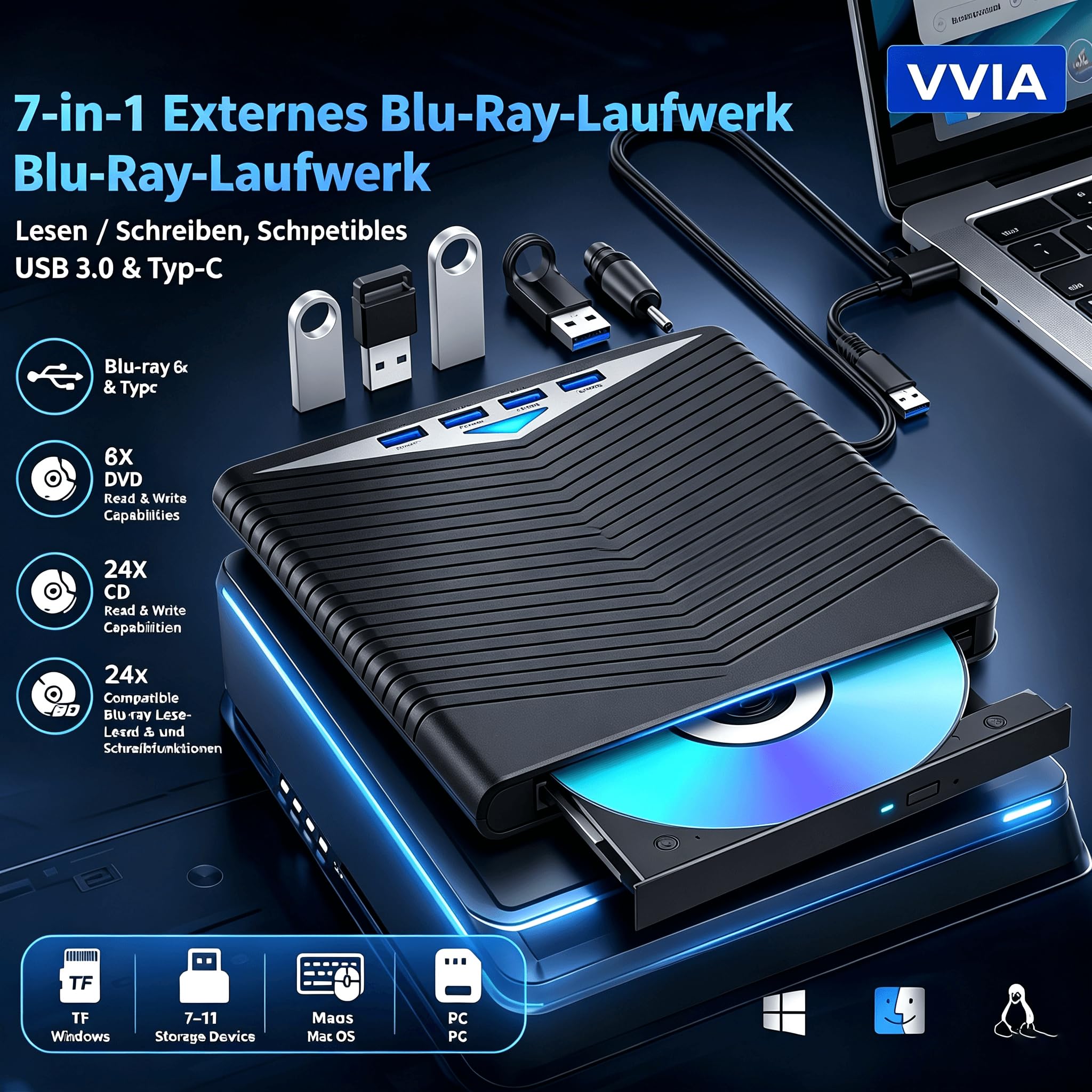 vvia Zewnętrzny napęd Blu-ray USB 3.0 i typ C do systemu Windows/Mac