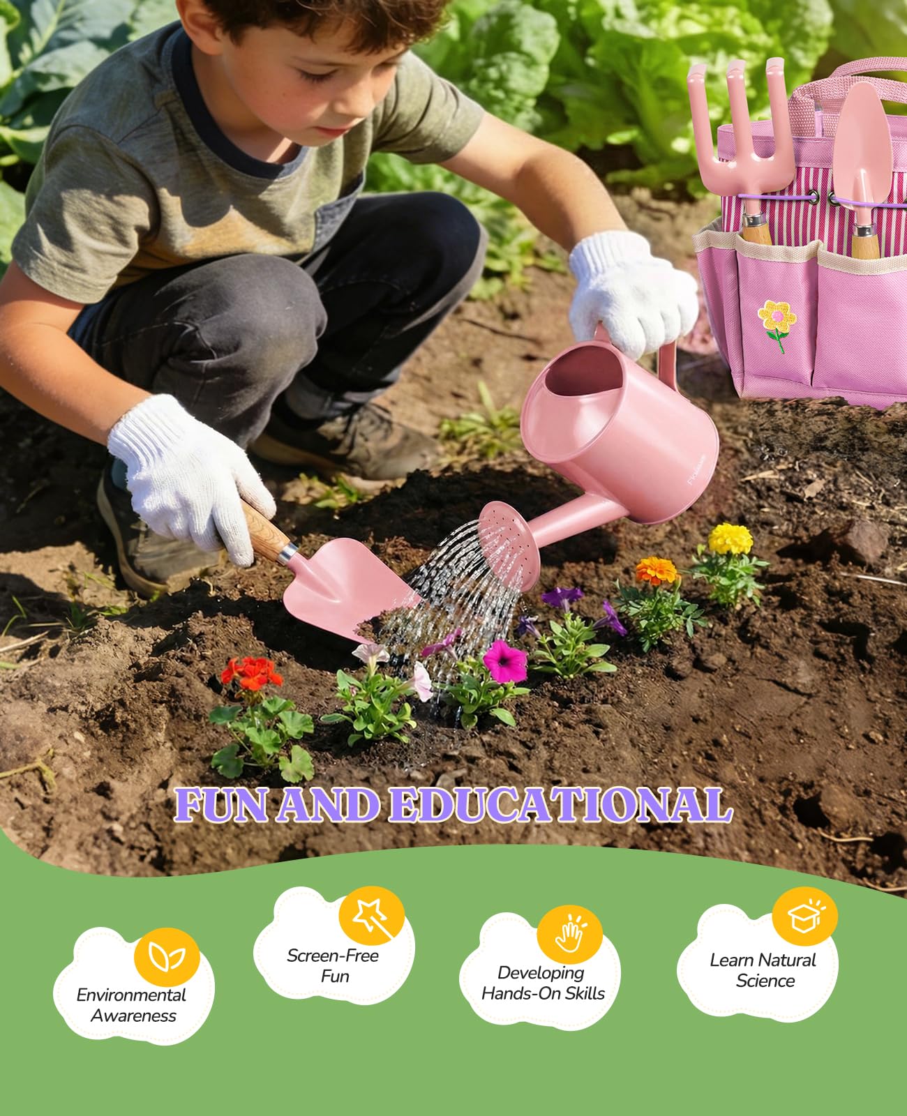 Kinder-Gartenset, kindersicheres und Robustes Werkzeug für Spaß im Freien, Kreativität zu fördern (Rosa)