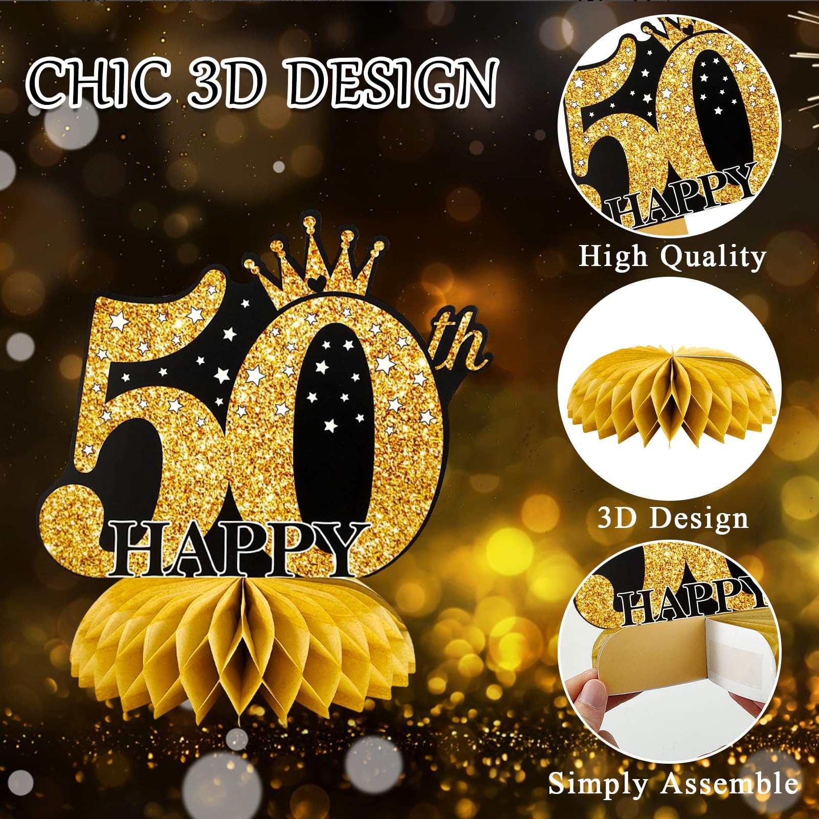 Centrotavola Compleanno 50 Anni - Set 9 Pezzi A Nido D'Ape, Decorazioni Nero E Oro - Foto 9