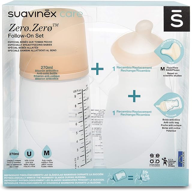 Suavinex, Zestaw Zero butelka dla niemowląt Antykolka butelka dla niemowląt 270 ml ze smoczkiem o średnim przepływie pożywienia + smoczek o średnim przepływie pożywienia + worek do uzupełniania