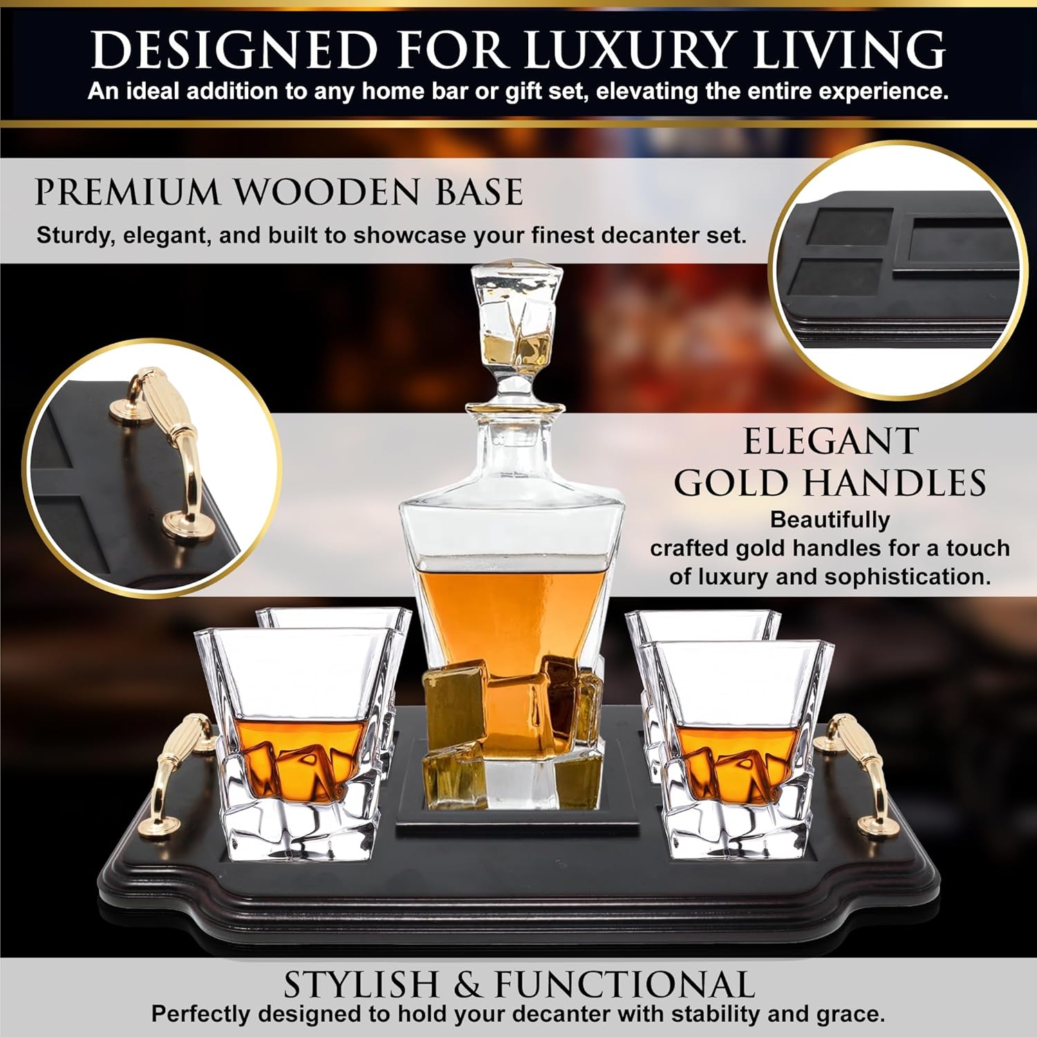 Whiskey Decanter Set. Includes Whiskey glasses, coasters, and wood base. Perfect Dad Gifts. For bourbon, scotch, liquor, etc. - Image 6
