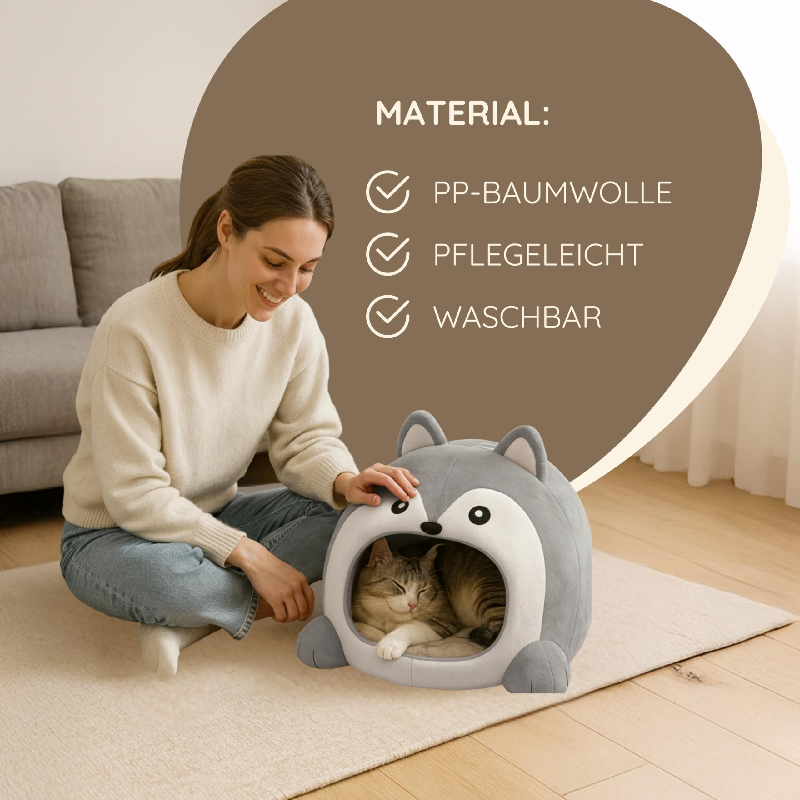 Designer Katzenhöhle grau – Lustige Schlafhöhle & Katzenhaus mit Kissen, Katzenbett, Faltbarer Rückzugsort für Katzen, Kitten und Kater, kuschelig & formstabil
