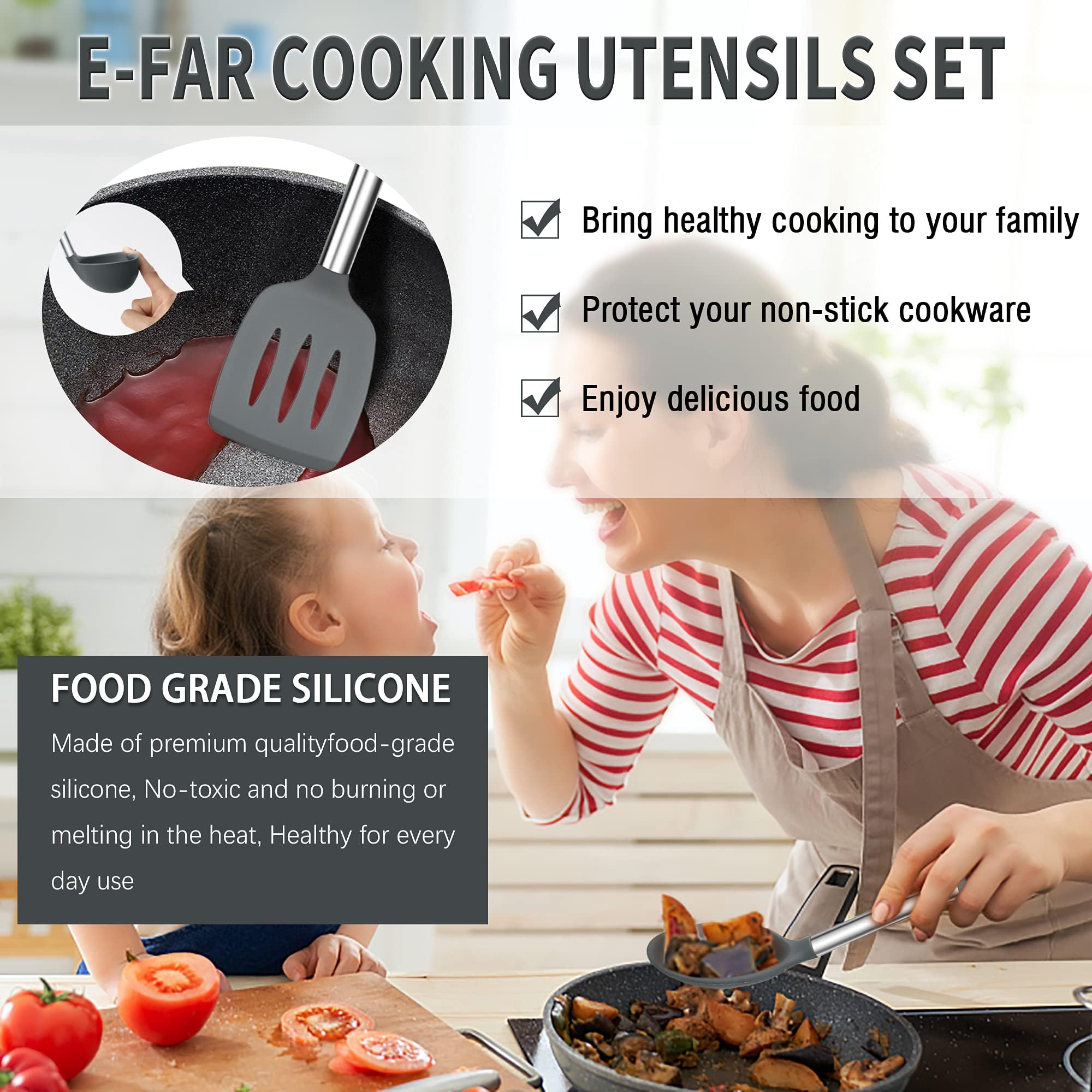 E-far - Set di utensili da cucina in silicone, 30 pezzi, con supporto, resistente al calore, spatole da cucina, mestolo per pentole antiaderenti, manico in acciaio inox (grigio)